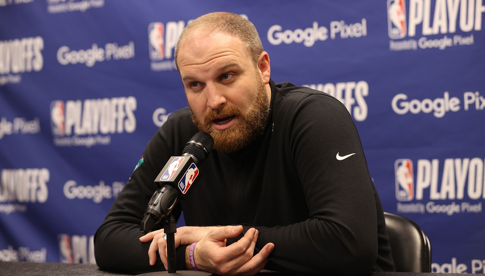 MINNEAPOLIS, MN - APRIL 21: Head Coach Taylor Jenkins of the Memphis Grizzlies talks to the media afterRound 1 Game 3 of the 2022 NBA Playoffs on April 21, 2022 at Target Center in Minneapolis, Minnesota.