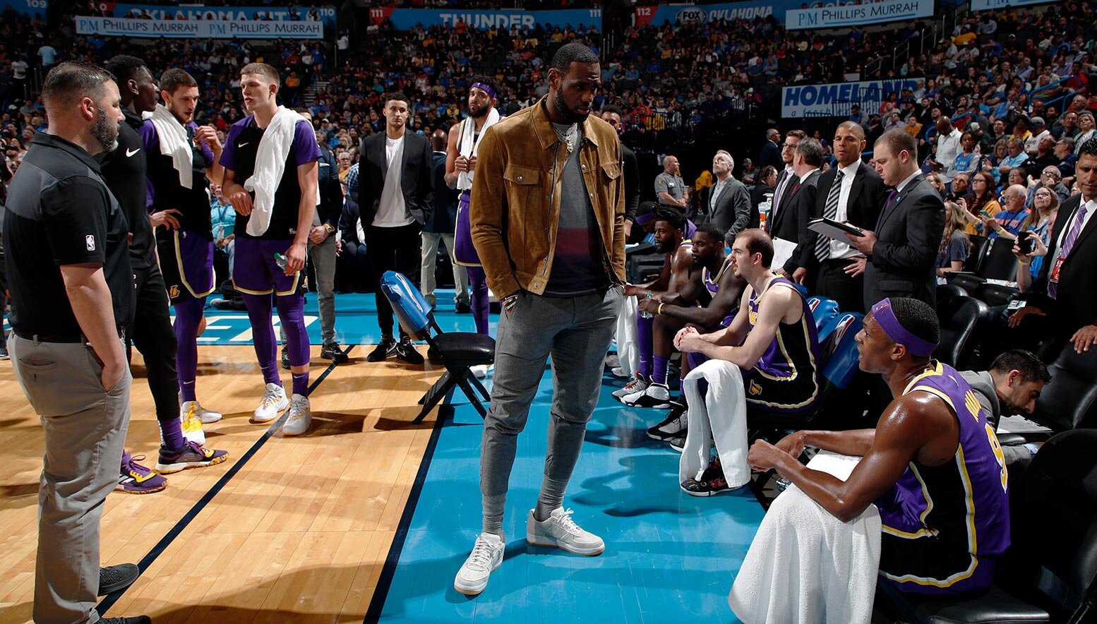LeBron James talks to his teammates during a game