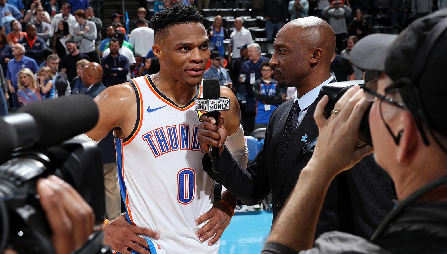 Russell Westbrook speaks with Jason Terry after the game against the Los Angeles Lakers in which he joined NBA Legend Wilt Chamberlain as the 2nd player in NBA History to attain a record of 20/20/20