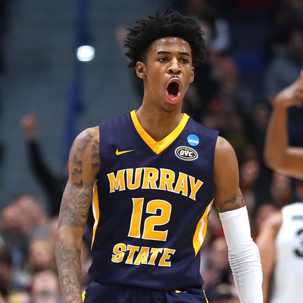 Ja Morant #12 of the Murray State Racers celebrates scoring at the end of the first half