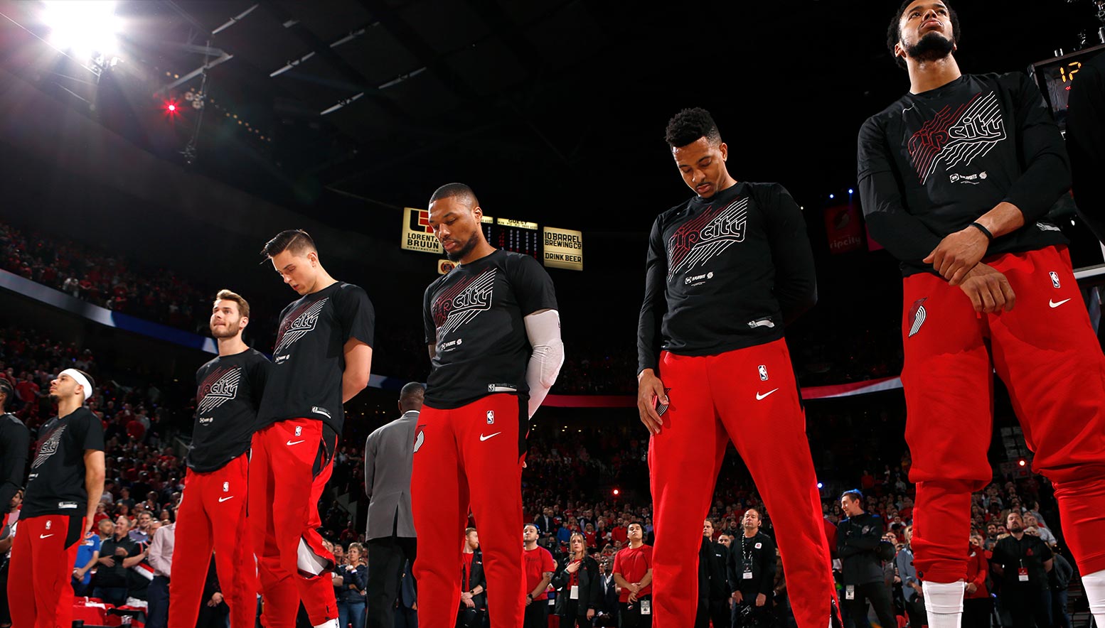Portland Trail Blazers stand for the National Anthem