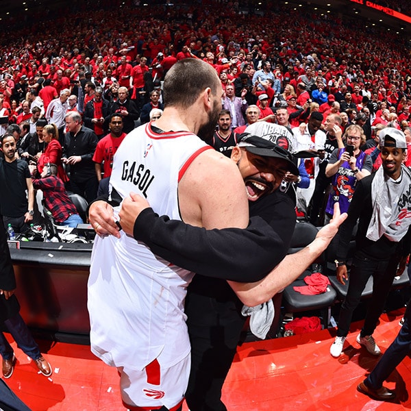 Marc Gasol and rapper, Drake, celebrate after Game Six of the Eastern Conference Finals