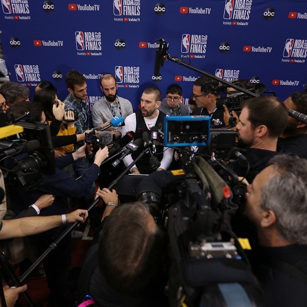 Toronto Raptors center Marc Gasol #33 takes questions prior to Game One of the 2019 NBA Finals