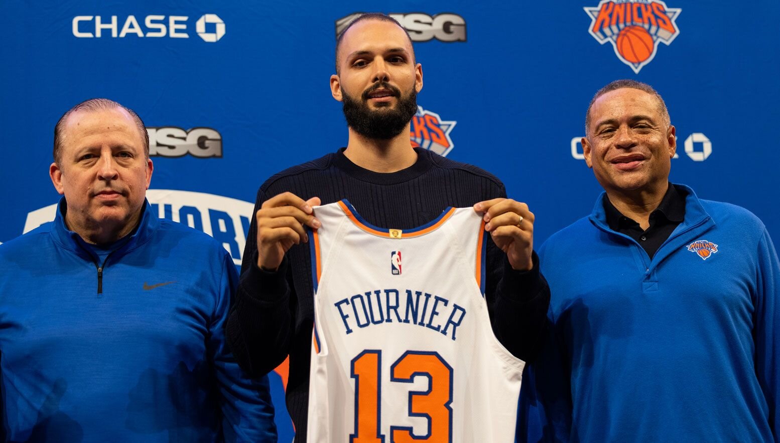 Evan Fournier introduced as a Knick