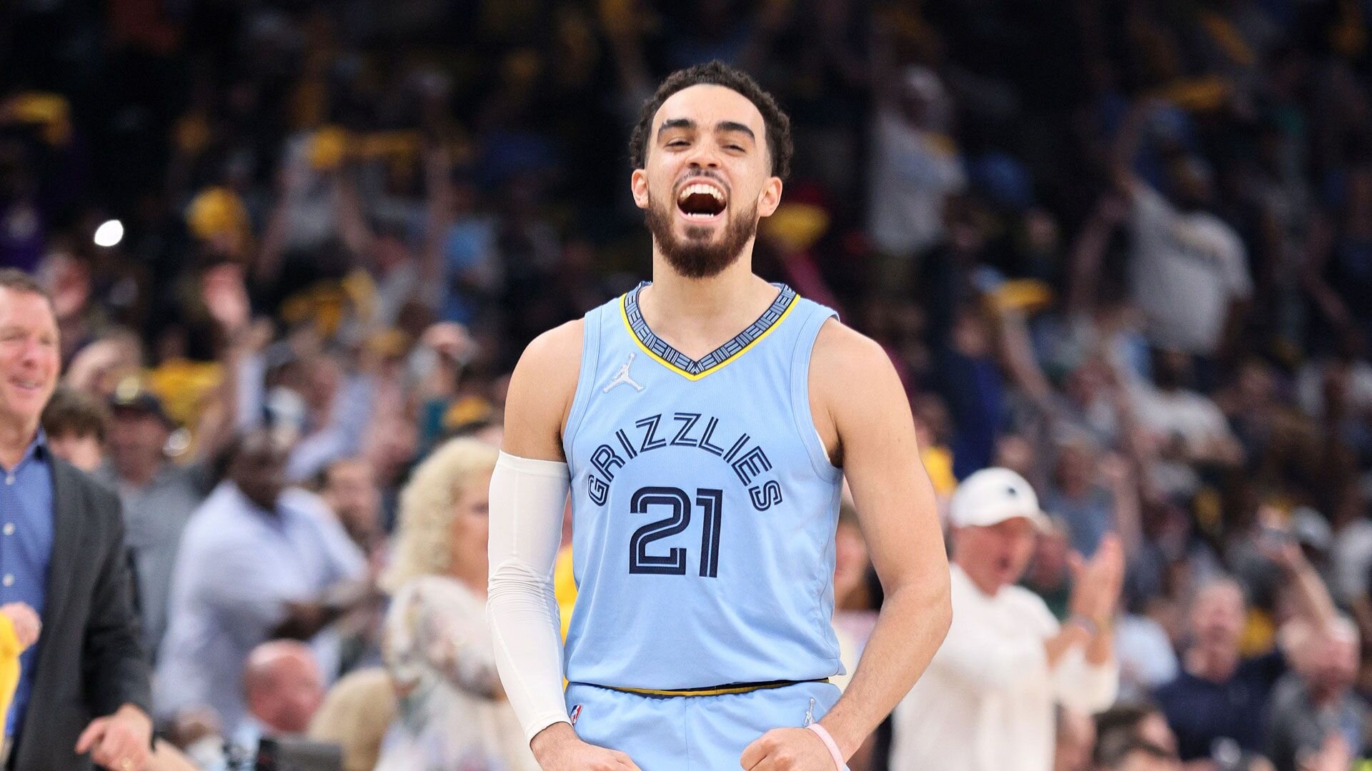 Tyus Jones #21 of the Memphis Grizzlies celebrates a basket against the Golden State Warriors during the second quarter in Game Five of the 2022 NBA Playoffs Western Conference Semifinals. Photo by Andy Lyons/Getty Images