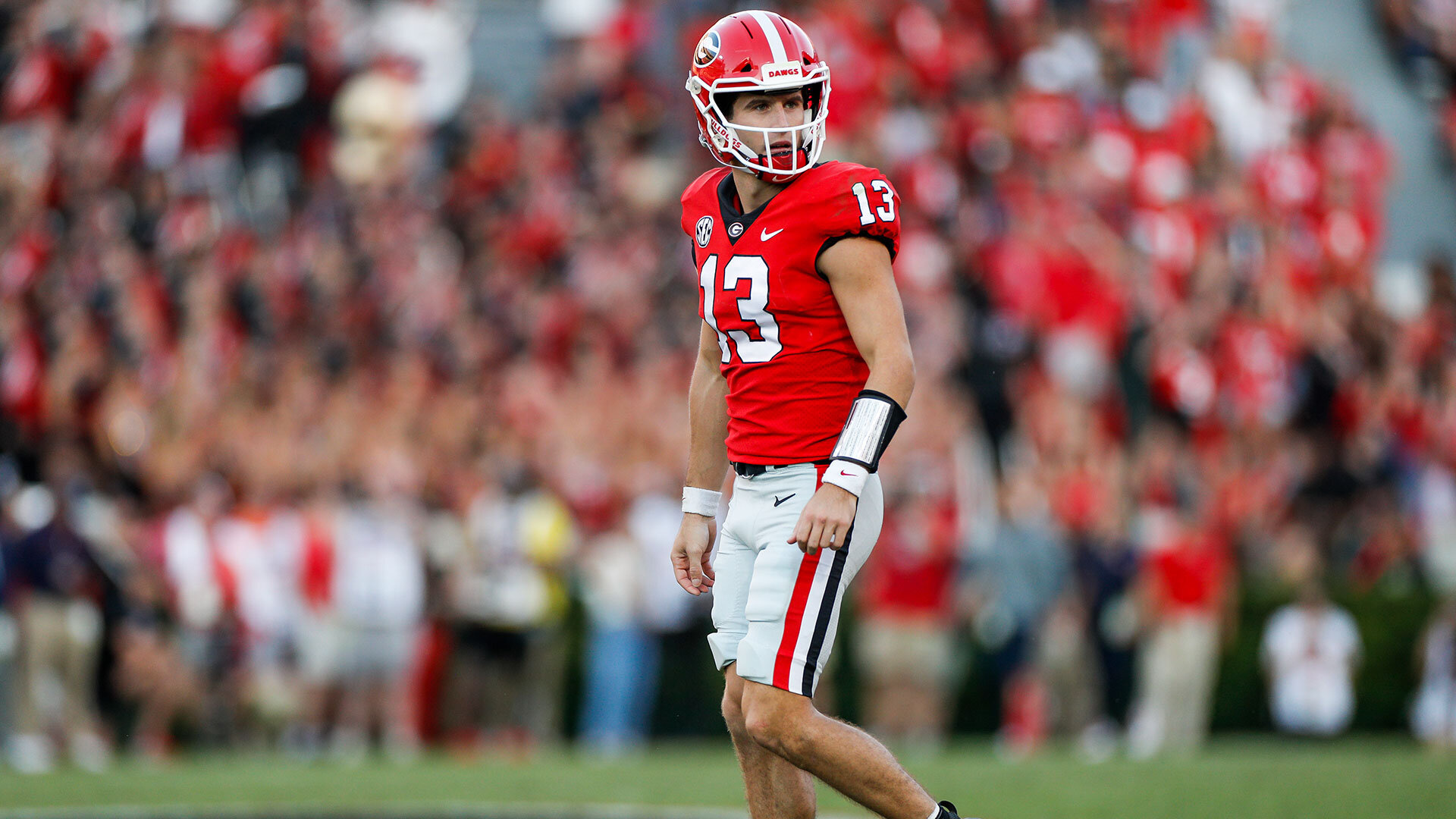 ATHENS, GA - OCTOBER 08: Georgia Bulldogs quarterback Stetson Bennett (13) looks on during a college football game between the Auburn Tigers and the Georgia Bulldogs on October 8, 2022 at Sanford Stadium in Athens, GA. Photo by Brandon Sloter/Icon Sportswire via Getty Images