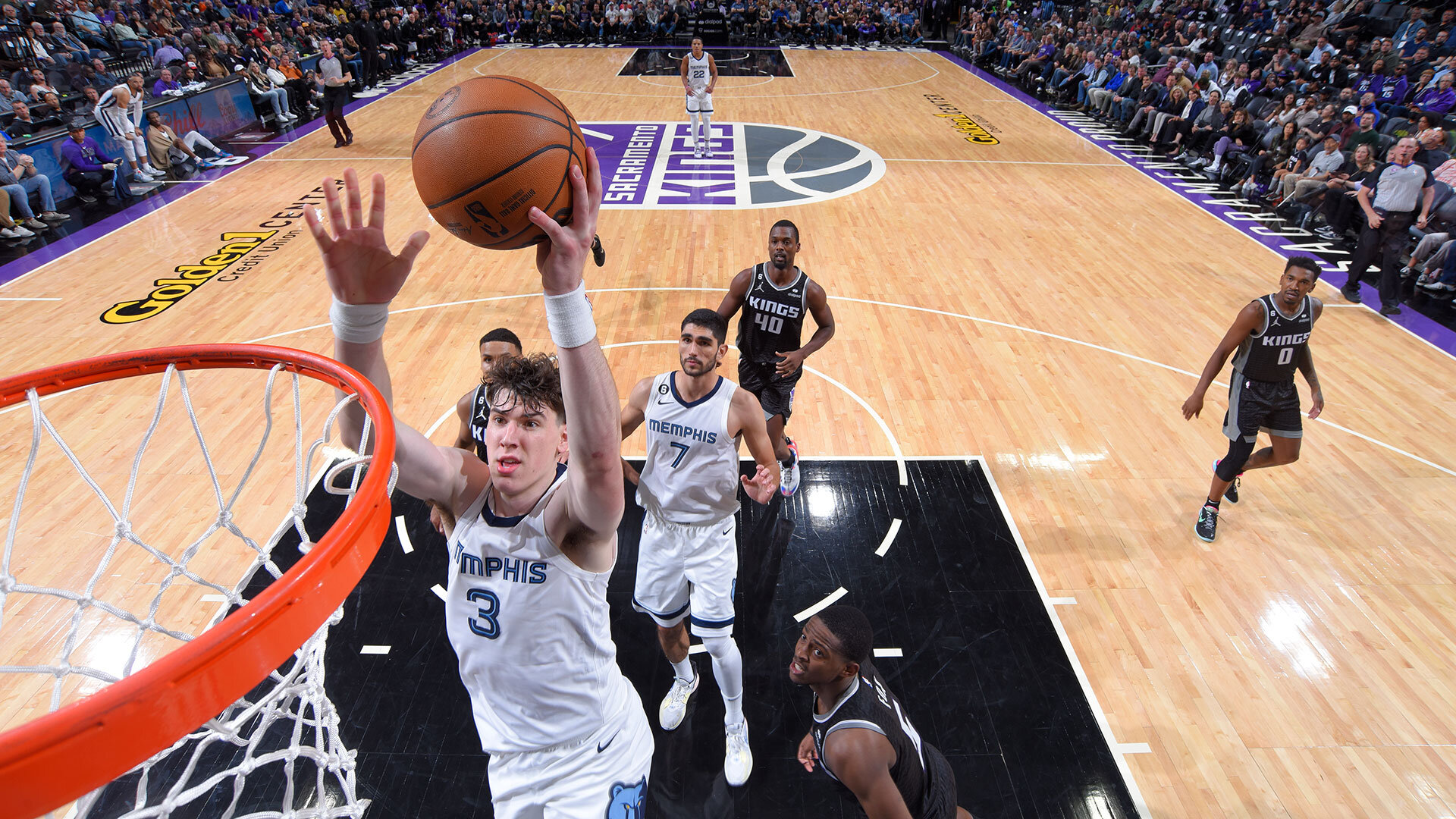 SACRAMENTO, CA - OCTOBER 27: Jake LaRavia #3 of the Memphis Grizzlies drives to the basket during the game against the Sacramento Kings on October 27, 2022 at Golden 1 Center in Sacramento, California. Photo by Rocky Widner/NBAE via Getty Images.