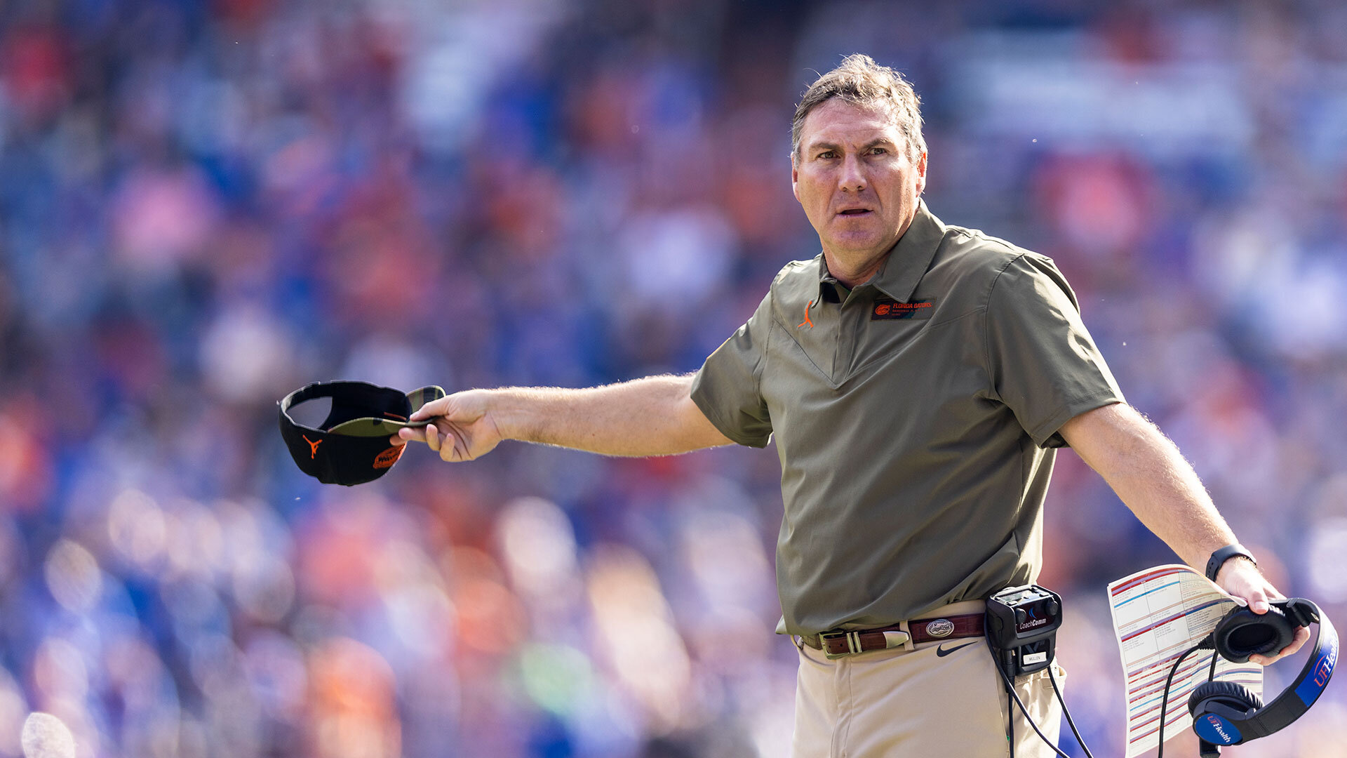 GAINESVILLE, FLORIDA - NOVEMBER 13: head coach Dan Mullen of the Florida Gators reacts during the third quarter of a game against the Samford Bulldogs at Ben Hill Griffin Stadium on November 13, 2021 in Gainesville, Florida. (Photo by James Gilbert/Getty Images)