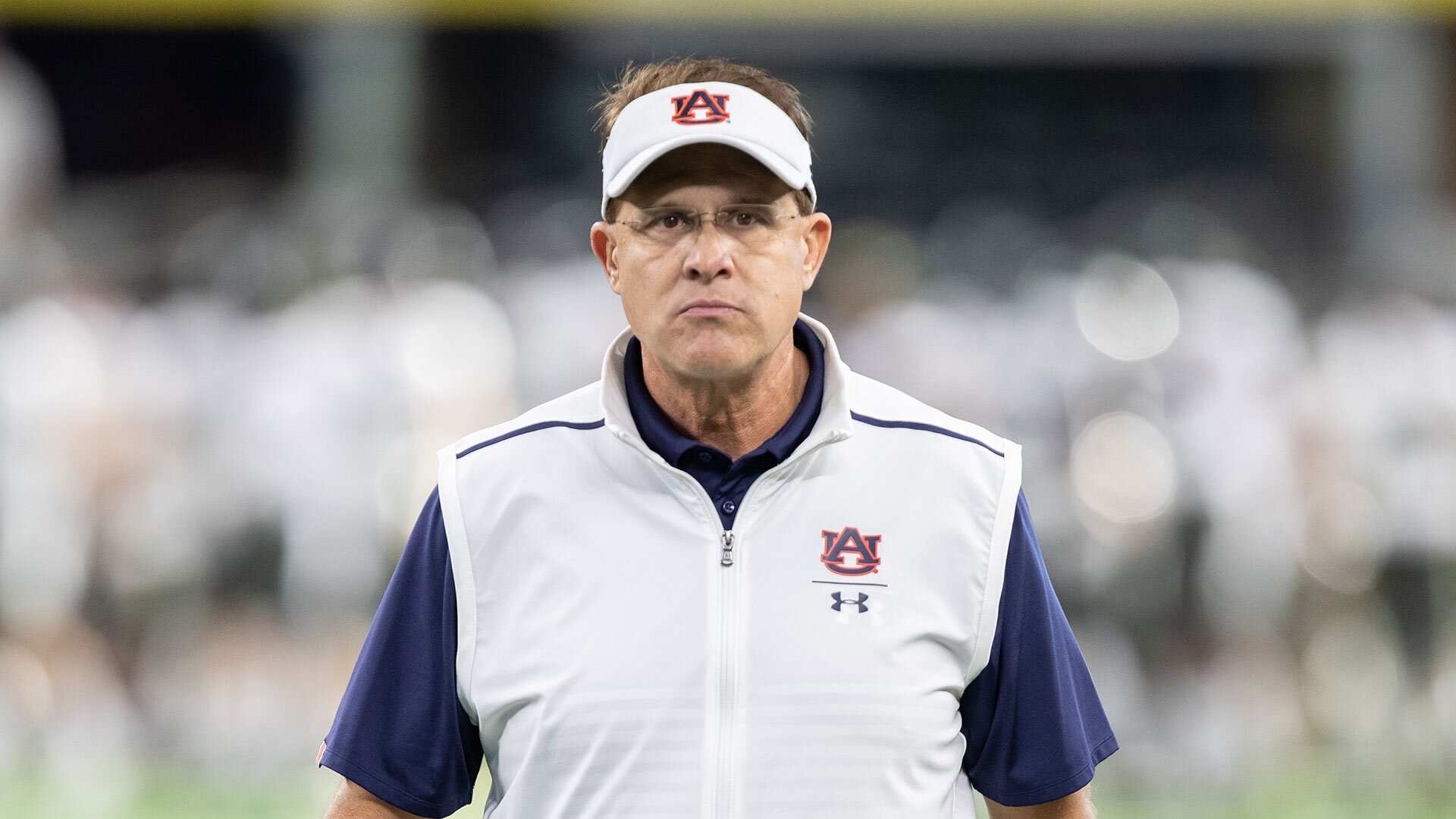 ARLINGTON, TX - AUGUST 31: Auburn Tigers head coach Gus Malzahn looks on during the AdvoCare Classic college football game between the Oregon Ducks and the Auburn Tigers on August 31, 2019, at AT&T Stadium in Arlington, TX. (Photo by Matthew Visinsky/Icon Sportswire via Getty Images)