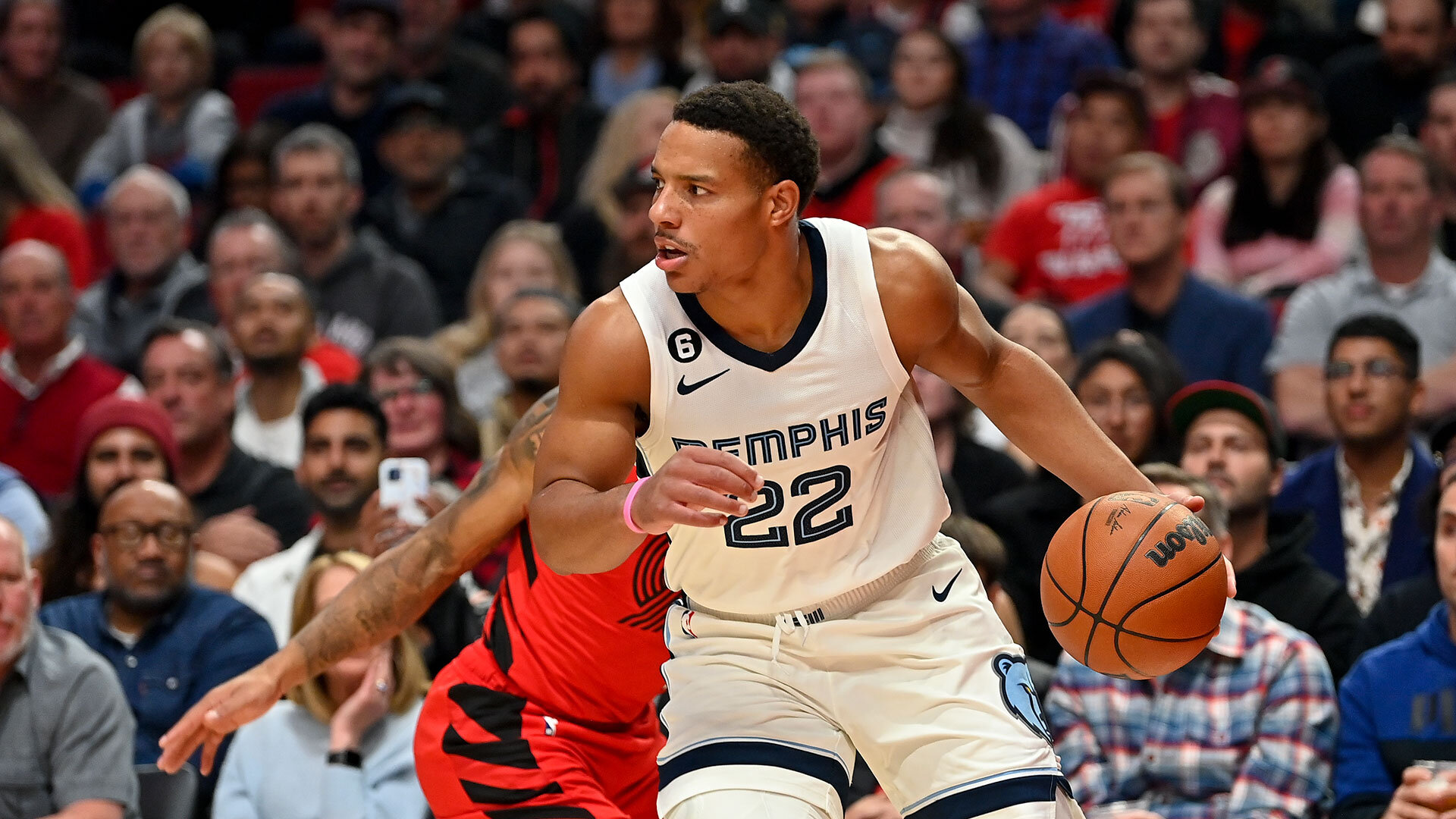 PORTLAND, OREGON - NOVEMBER 02: Desmond Bane #22 of the Memphis Grizzlies in action during the first quarter against the Portland Trail Blazers at the Moda Center on November 02, 2022 in Portland, Oregon. Photo by Alika Jenner/Getty Images