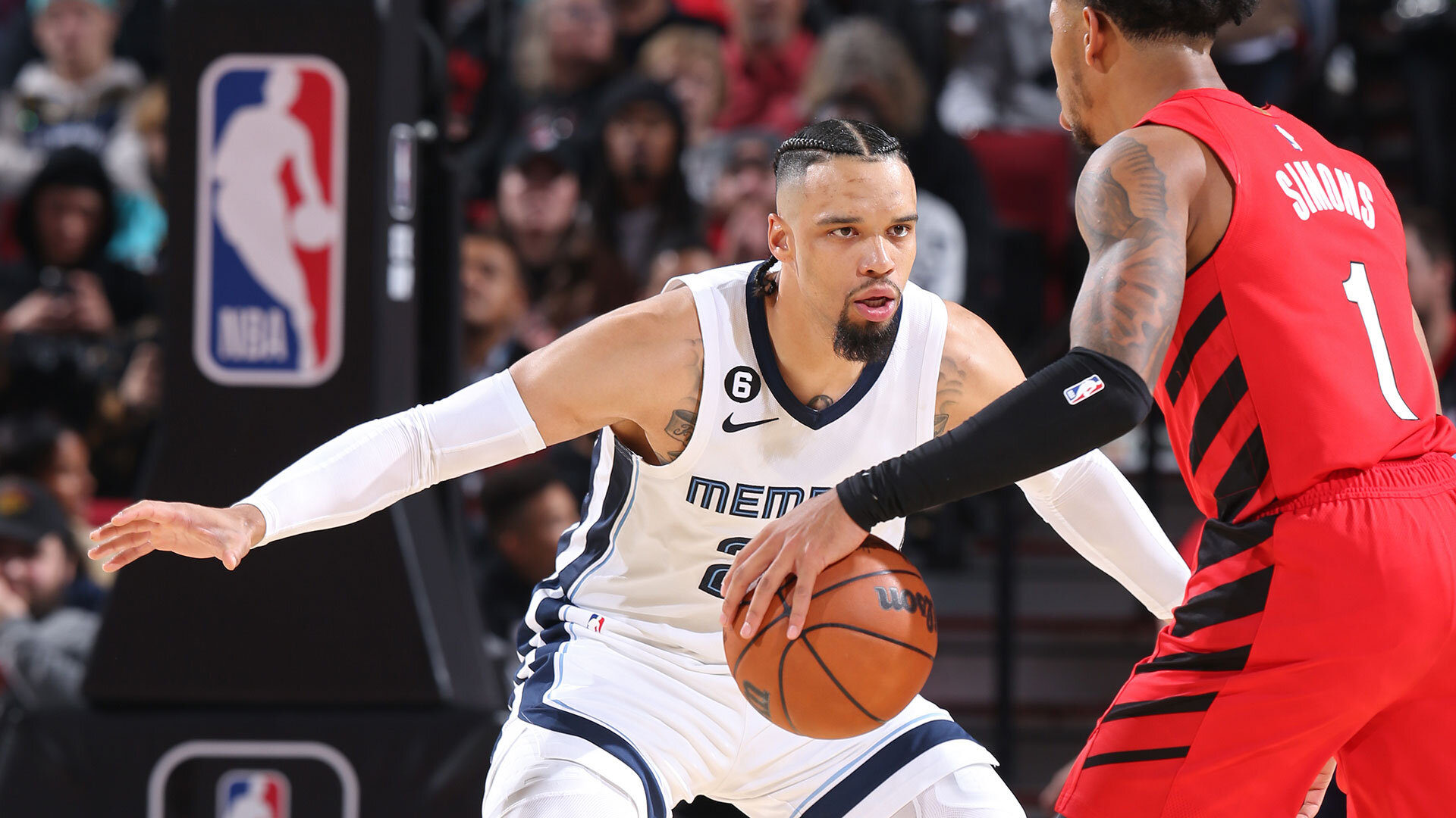 PORTLAND, OR - NOVEMBER 2: Dillon Brooks #24 of the Memphis Grizzlies plays defense against the Portland Trail Blazers on November 2, 2022 at the Moda Center Arena in Portland, Oregon. Photo by Sam Forencich/NBAE via Getty Images