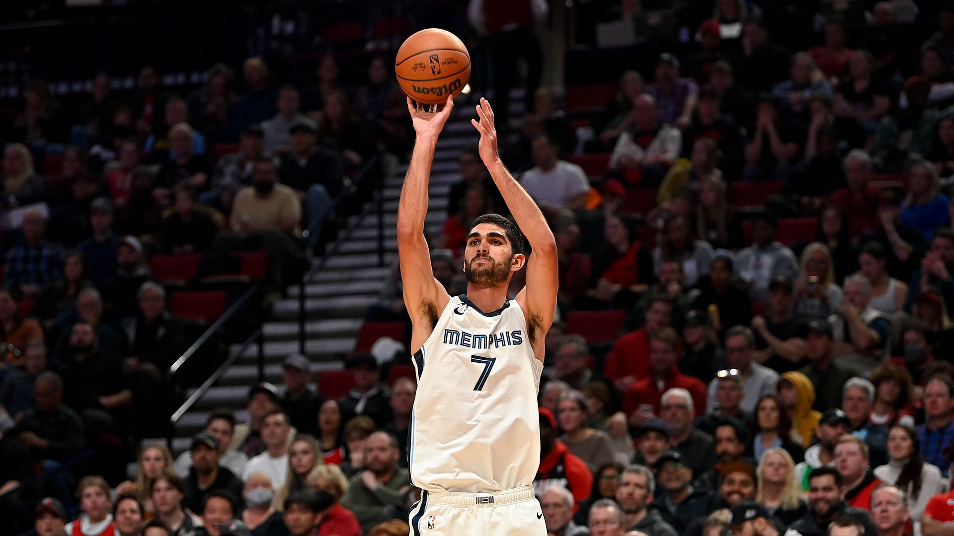 PORTLAND, OREGON - NOVEMBER 02: Santi Aldama #7 of the Memphis Grizzlies shoots a three point basket during the second quarter against the Portland Trail Blazers at the Moda Center on November 02, 2022 in Portland, Oregon. Photo by Alika Jenner/Getty Images