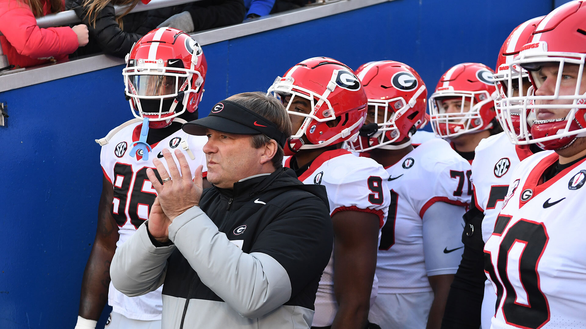 LEXINGTON, KY - NOVEMBER 19: Georgia Bulldogs Head Coach Kirby Smart waits to lead the team onto the field before the college football game between the Georgia Bulldogs and the Kentucky Wildcats on November 19, 2022, at Common Wealth Stadium in Lexington, KY. (Photo by Jeffrey Vest/Icon Sportswire via Getty Images)