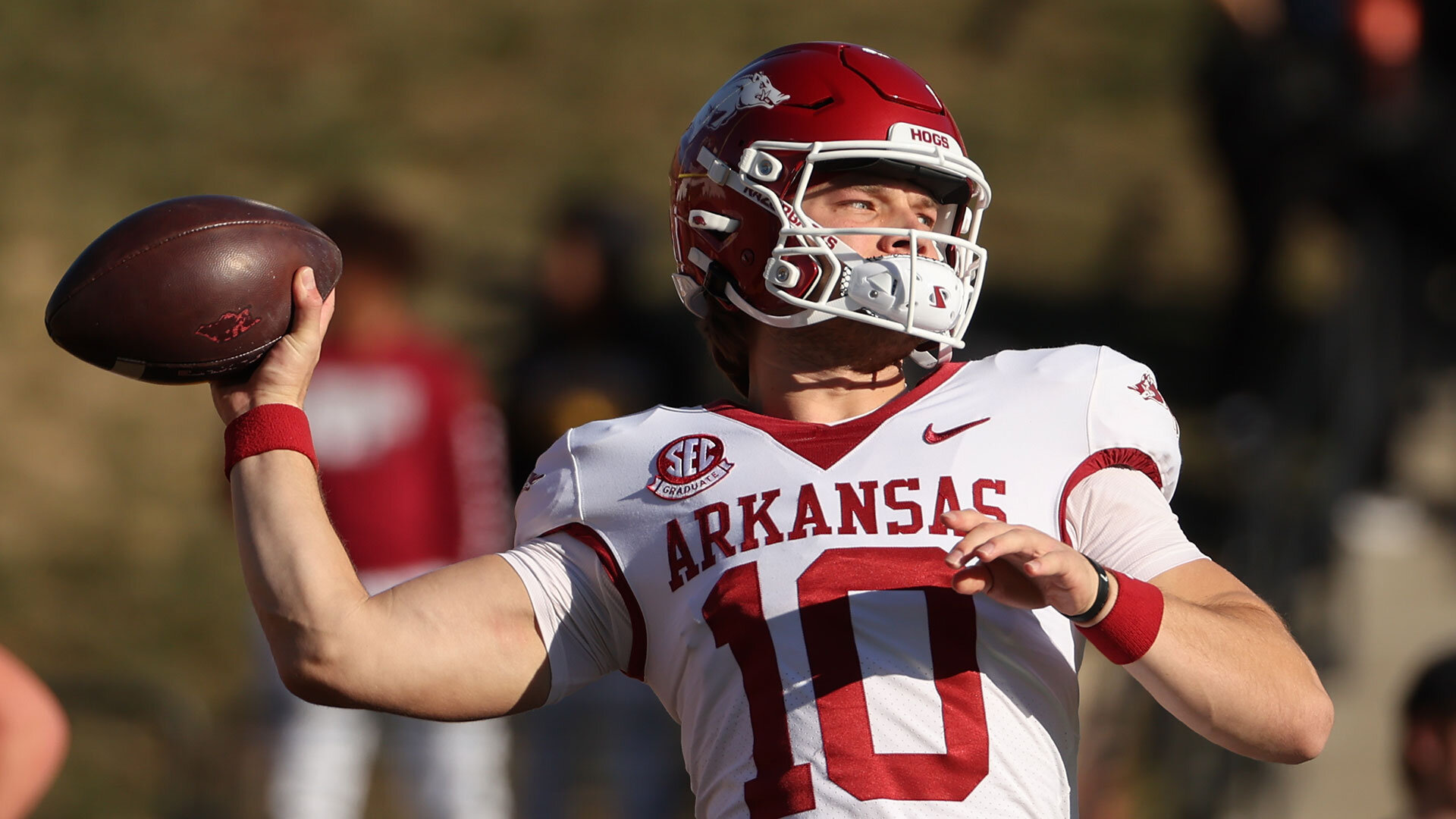 COLUMBIA, MO - NOVEMBER 25: Arkansas Razorbacks quarterback Cade Fortin (10) before an SEC college football game between the Arkansas Razorbacks and Missouri Tigers on November 25, 2022 at Memorial Stadium in Columbia, MO. (Photo by Scott Winters/Icon Sportswire via Getty Images)