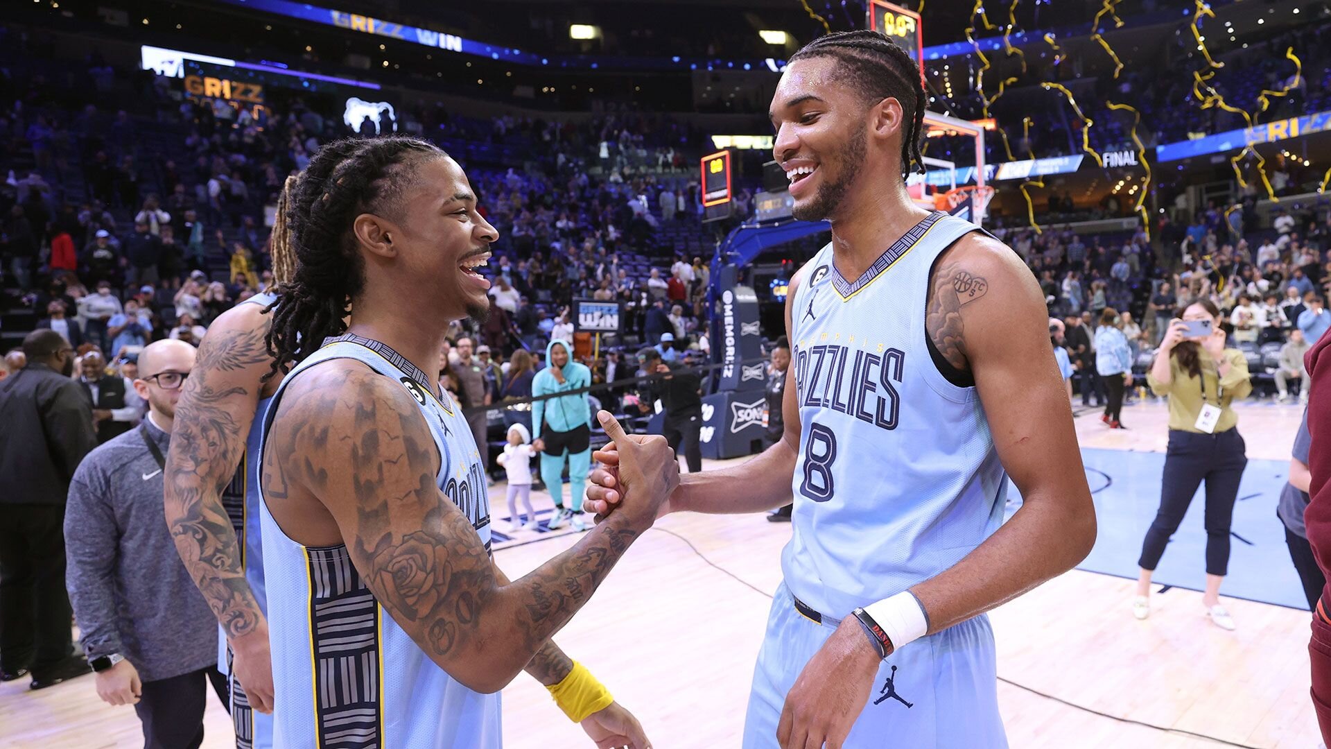 MEMPHIS, TN - DECEMBER 7: Ja Morant #12 and Ziaire Williams #8 of the Memphis Grizzlies after the game against the Oklahoma City Thunder on December 7, 2022 at FedExForum in Memphis, Tennessee. Photo by Joe Murphy/NBAE via Getty Images