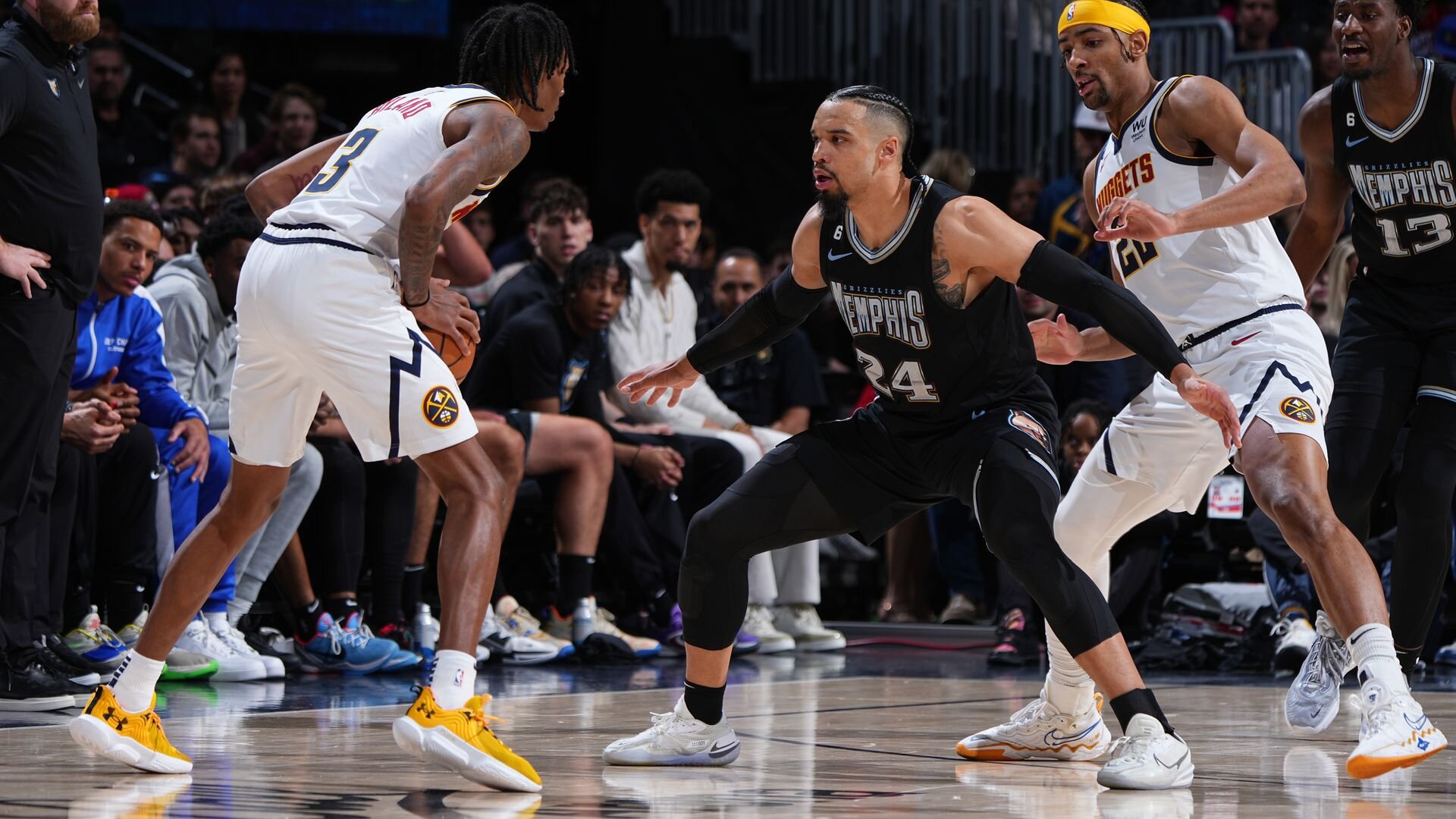 DENVER, CO - DECEMBER 20: Dillon Brooks #24 defends the basket during the game on December 20, 2022 at the Ball Arena in Denver, Colorado.