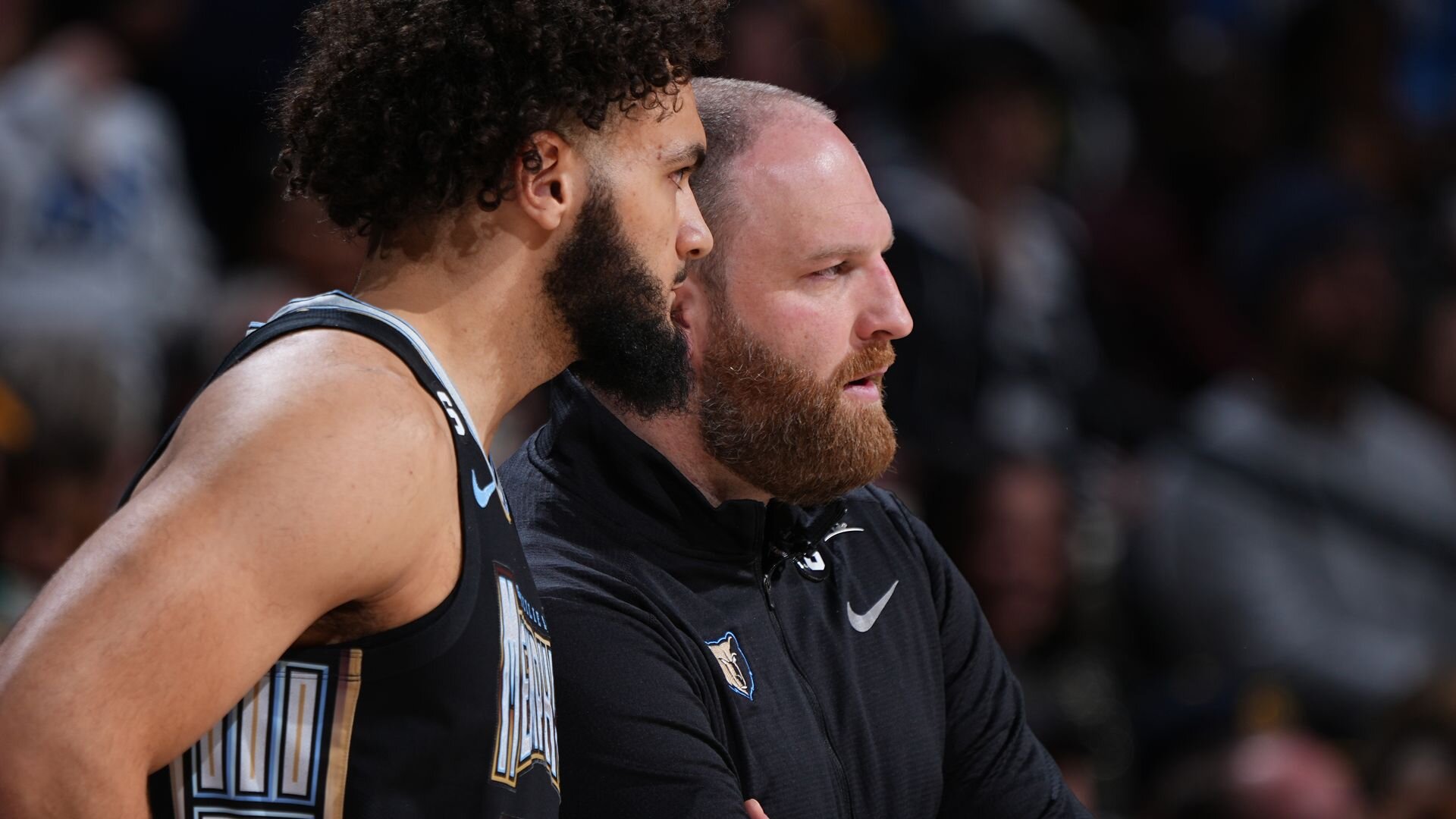 DENVER, CO - DECEMBER 20: Head Coach Taylor Jenkins and David Roddy #27 of the Memphis Grizzlies look on during the game on December 20, 2022 at the Ball Arena in Denver, Colorado.