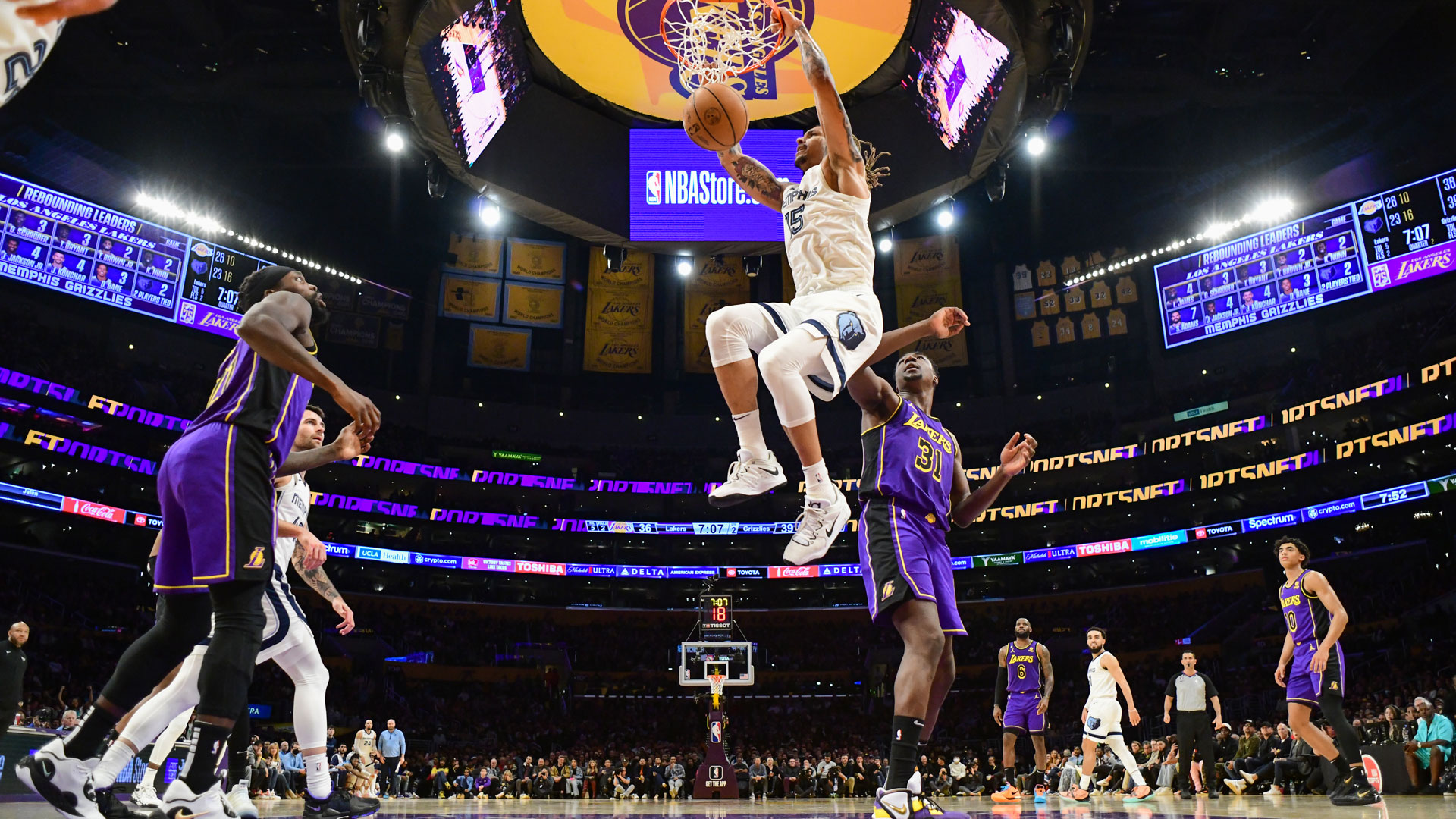 LOS ANGELES, CA - JANUARY 20: Brandon Clarke #15 of the Memphis Grizzlies drives to the basket during the game against the Los Angeles Lakers on January 20, 2023 at Crypto.Com Arena in Los Angeles, California.