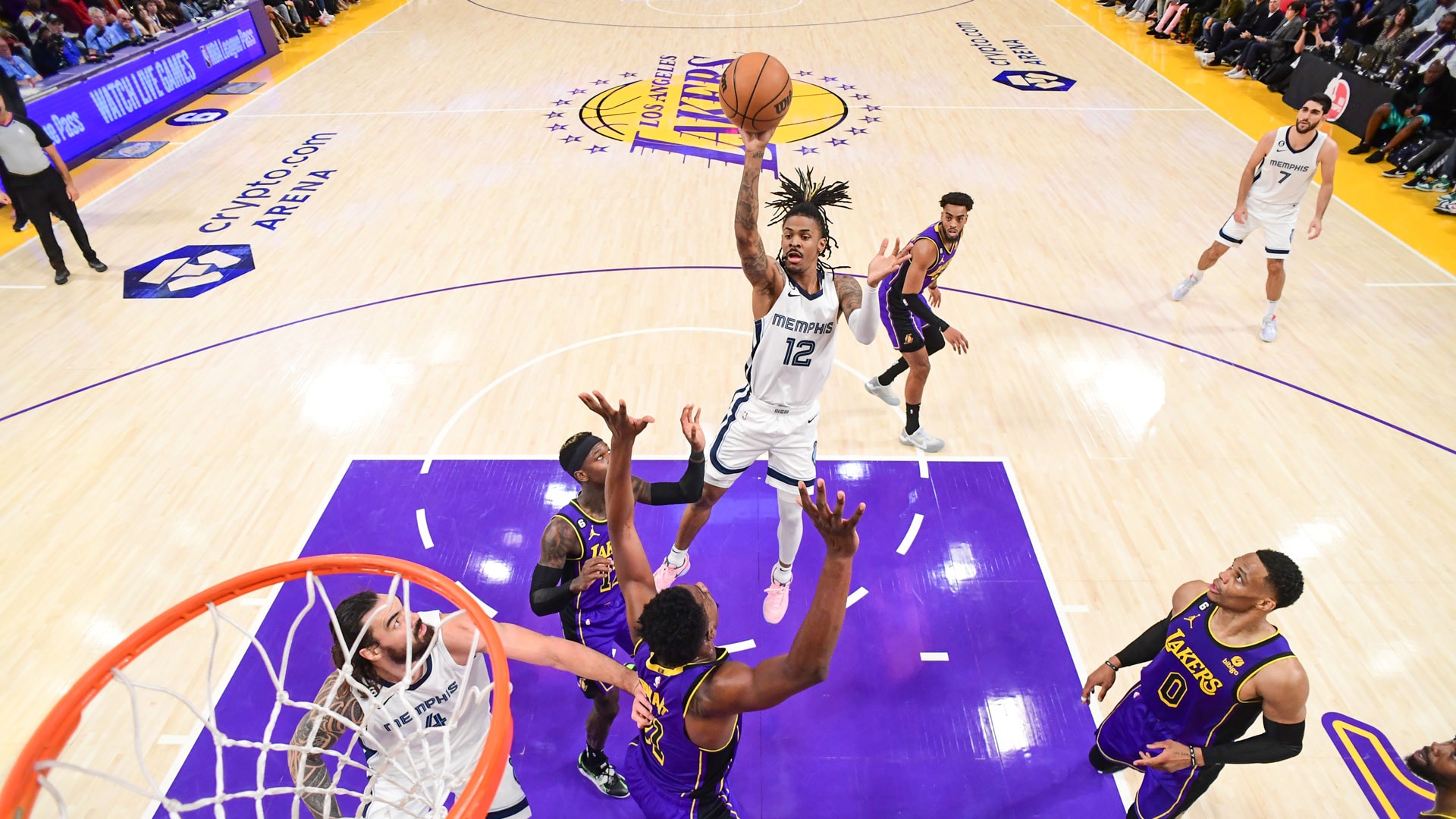 LOS ANGELES, CA - JANUARY 20: Ja Morant #12 of the Memphis Grizzlies drives to the basket during the game against the Los Angeles Lakers on January 20, 2023 at Crypto.Com Arena in Los Angeles, California.