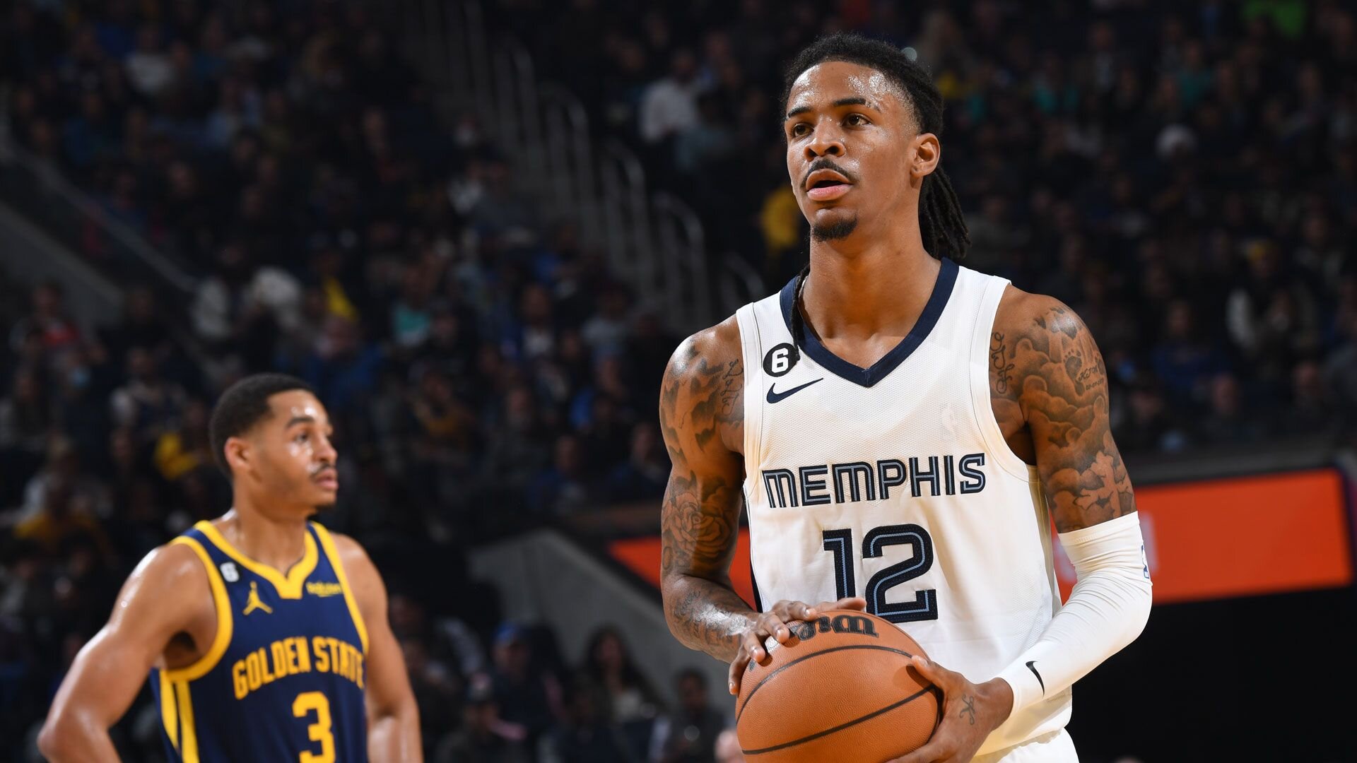 SAN FRANCISCO, CA - JANUARY 25: Ja Morant #12 of the Memphis Grizzlies shoots a free throw during the game against the Golden State Warriors on January 25, 2023 at Chase Center in San Francisco, California.