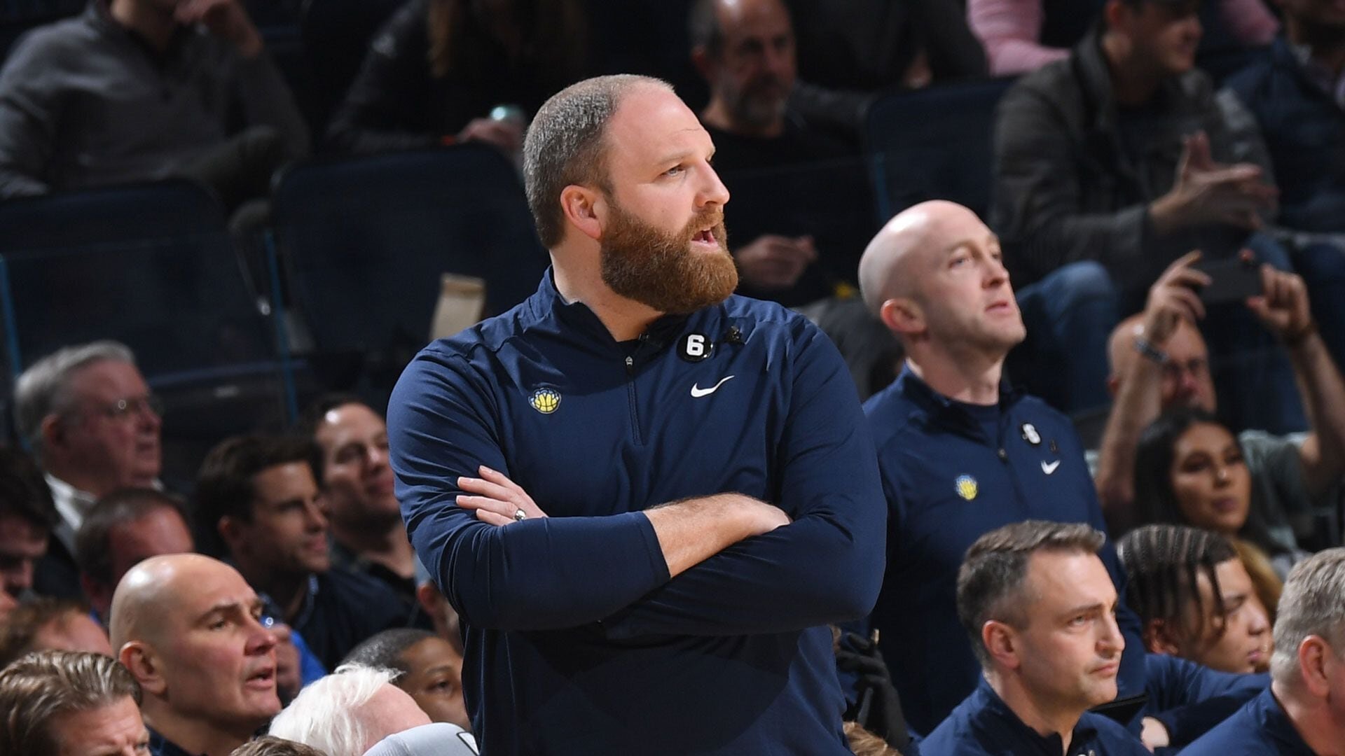 SAN FRANCISCO, CA - JANUARY 25: Head Coach Taylor Jenkins of the Memphis Grizzlies looks on during the game against the Golden State Warriors on January 25, 2023 at Chase Center in San Francisco, California.