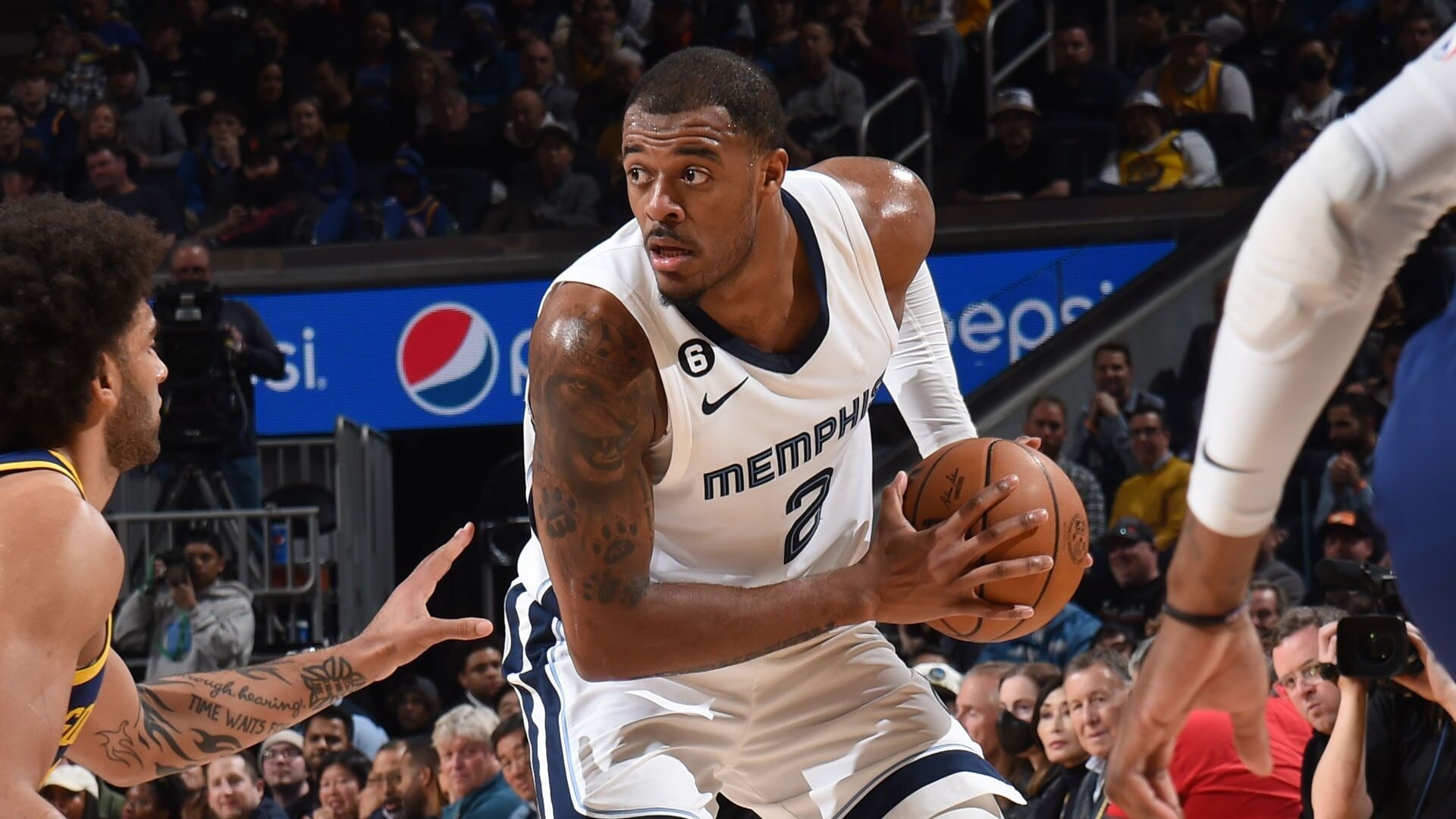 SAN FRANCISCO, CA - JANUARY 25: Xavier Tillman #2 of the Memphis Grizzlies handles the ball during the game against the Golden State Warriors on January 25, 2023 at Chase Center in San Francisco, California.