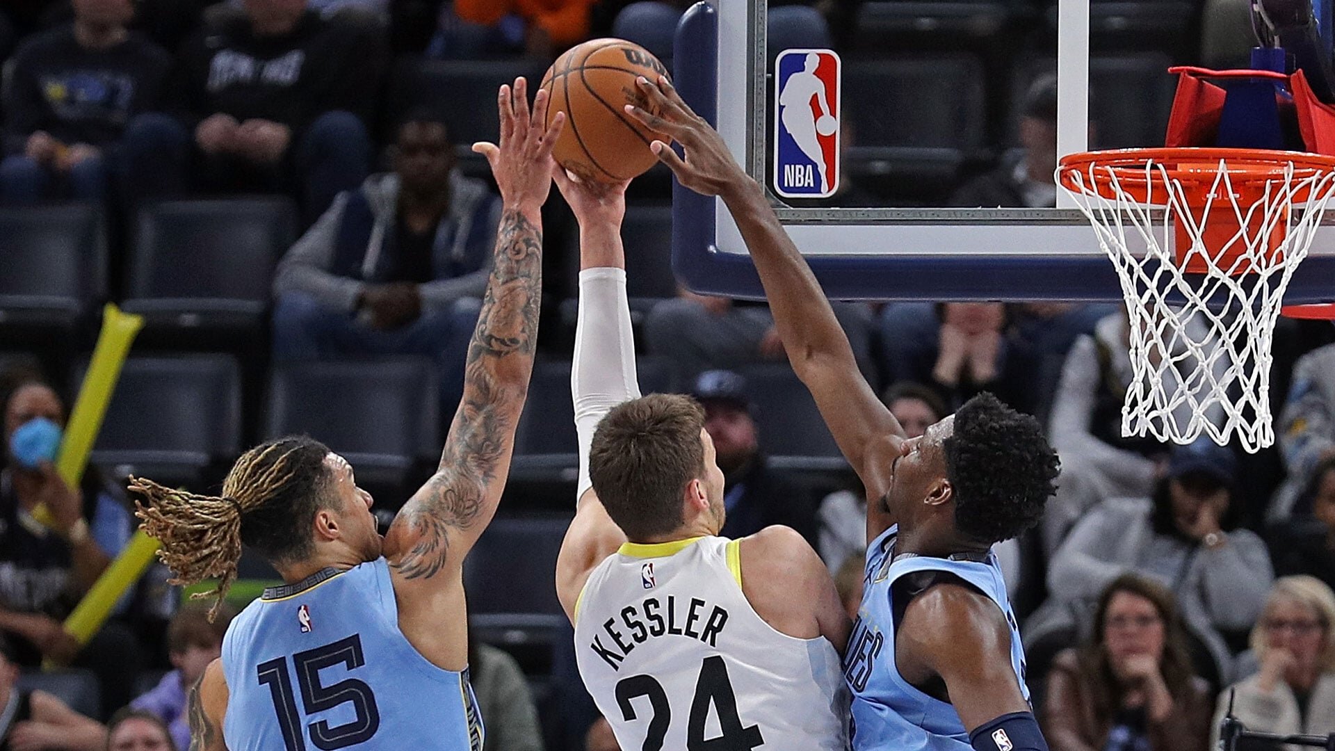 MEMPHIS, TENNESSEE - FEBRUARY 15: Jaren Jackson Jr. #13 of the Memphis Grizzlies blocks the shot of Walker Kessler #24 of the Utah Jazz during the first half at FedExForum on February 15, 2023 in Memphis, Tennessee.