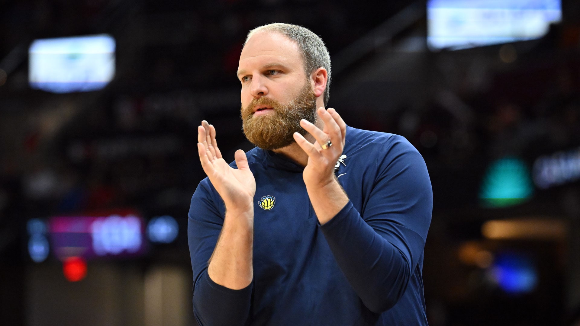 CLEVELAND, OHIO - FEBRUARY 02: Head coach Taylor Jenkins of the Memphis Grizzlies applauds his players during the fourth quarter against the Cleveland Cavaliers at Rocket Mortgage Fieldhouse on February 02, 2023 in Cleveland, Ohio.