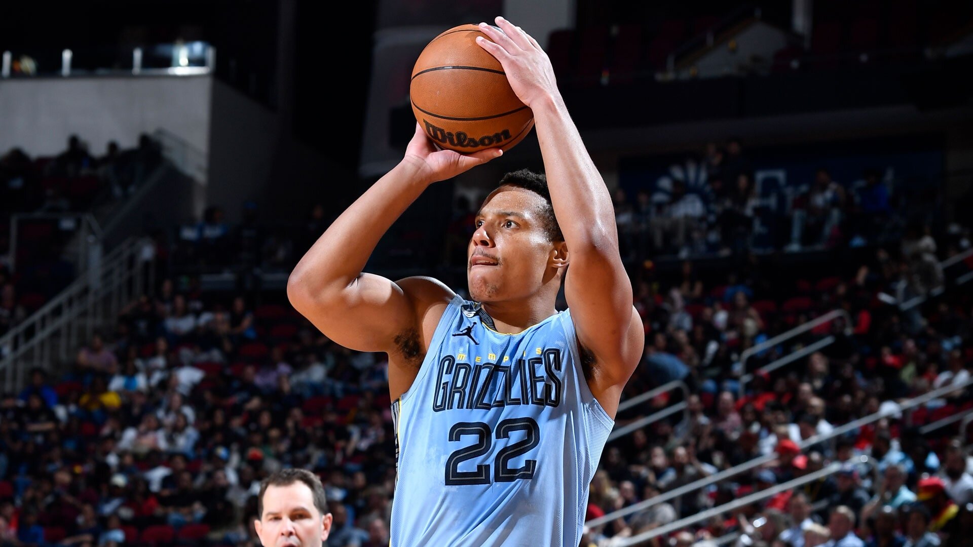 HOUSTON, TX - MARCH 1: Desmond Bane #22 of the Memphis Grizzlies shoots the ball during the game against the Houston Rockets on March 1, 2023 at the Toyota Center in Houston, Texas.