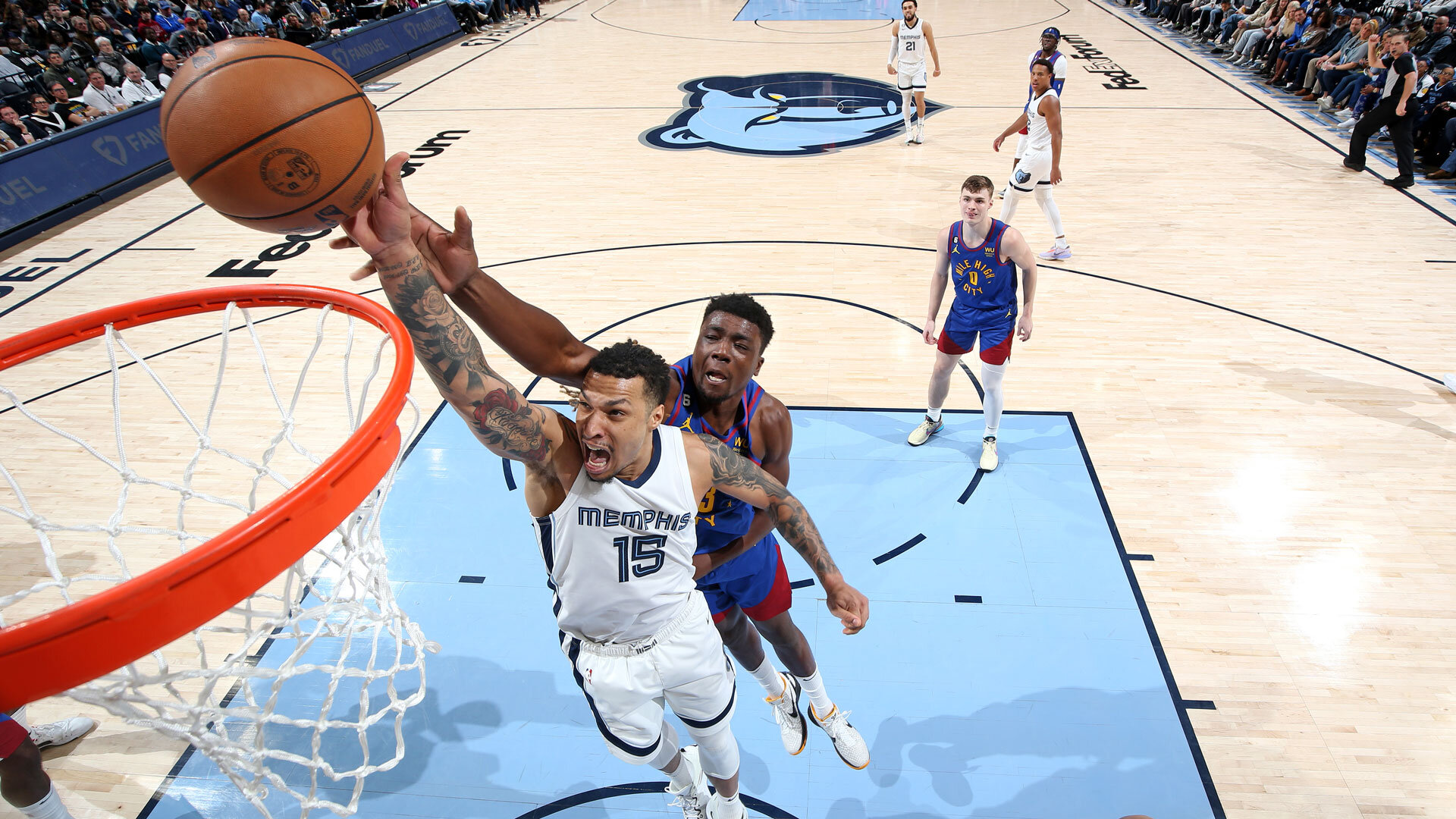 MEMPHIS, TN - FEBRUARY 25: Brandon Clarke #15 of the Memphis Grizzlies drives to the basket against the Denver Nuggets on February 25, 2023 at FedExForum in Memphis, Tennessee.