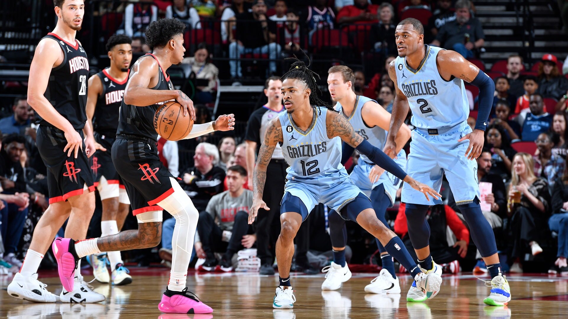 HOUSTON, TX - MARCH 1: Ja Morant #12 of the Memphis Grizzlies plays defense during the game against the Houston Rockets on March 1, 2023 at the Toyota Center in Houston, Texas.