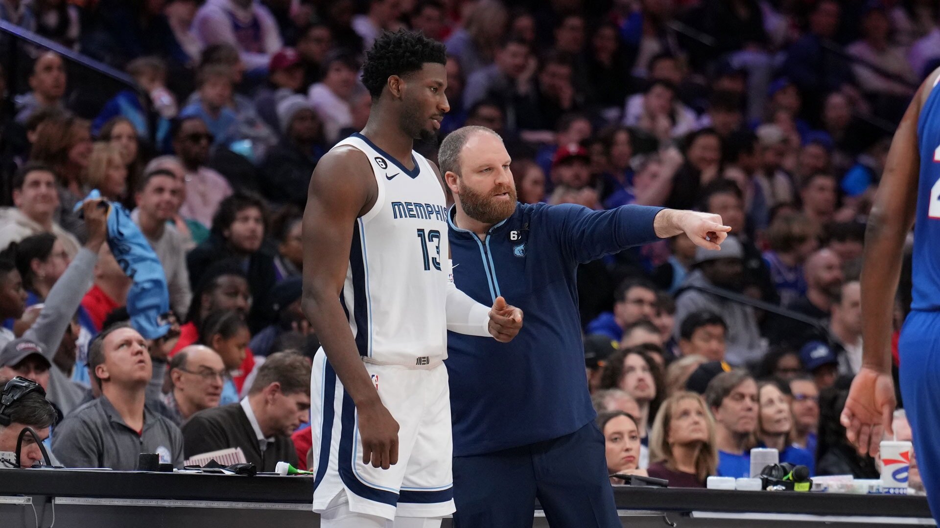 PHILADELPHIA, PA - FEBRUARY 23: Jaren Jackson Jr. #13 of the Memphis Grizzlies talks with Head Coach Taylor Jenkins of the Memphis Grizzlies during the game against the Philadelphia 76ers on February 23, 2023 at the Wells Fargo Center in Philadelphia, Pennsylvania.