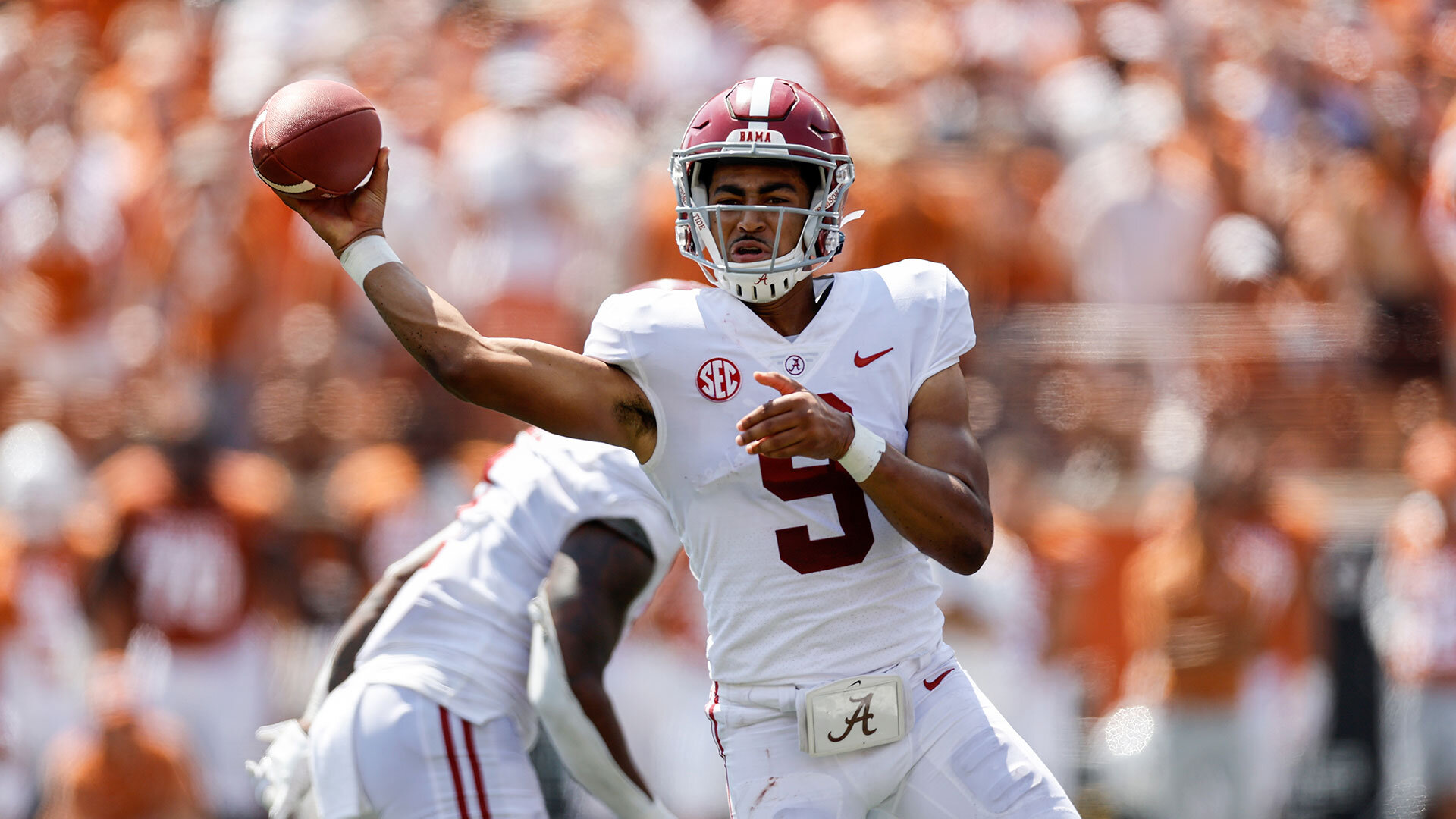 Bryce Young #9 of the Alabama Crimson Tide throws a pass in the second half against the Texas Longhorns