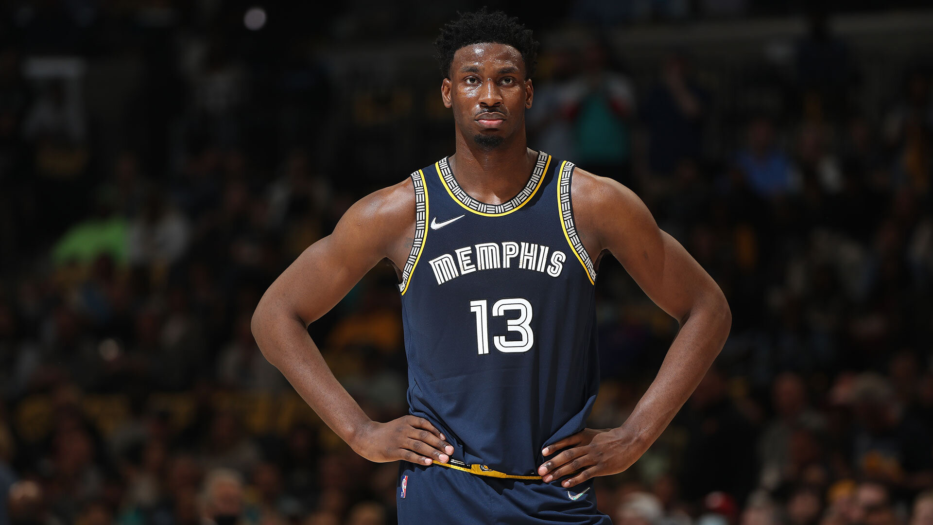 Jaren Jackson Jr. #13 of the Memphis Grizzlies looks on during Round 1 Game 2 of the 2022 NBA Playoffs on April 19, 2022 at FedExForum in Memphis, Tennessee. Photo by Joe Murphy/NBAE via Getty Images