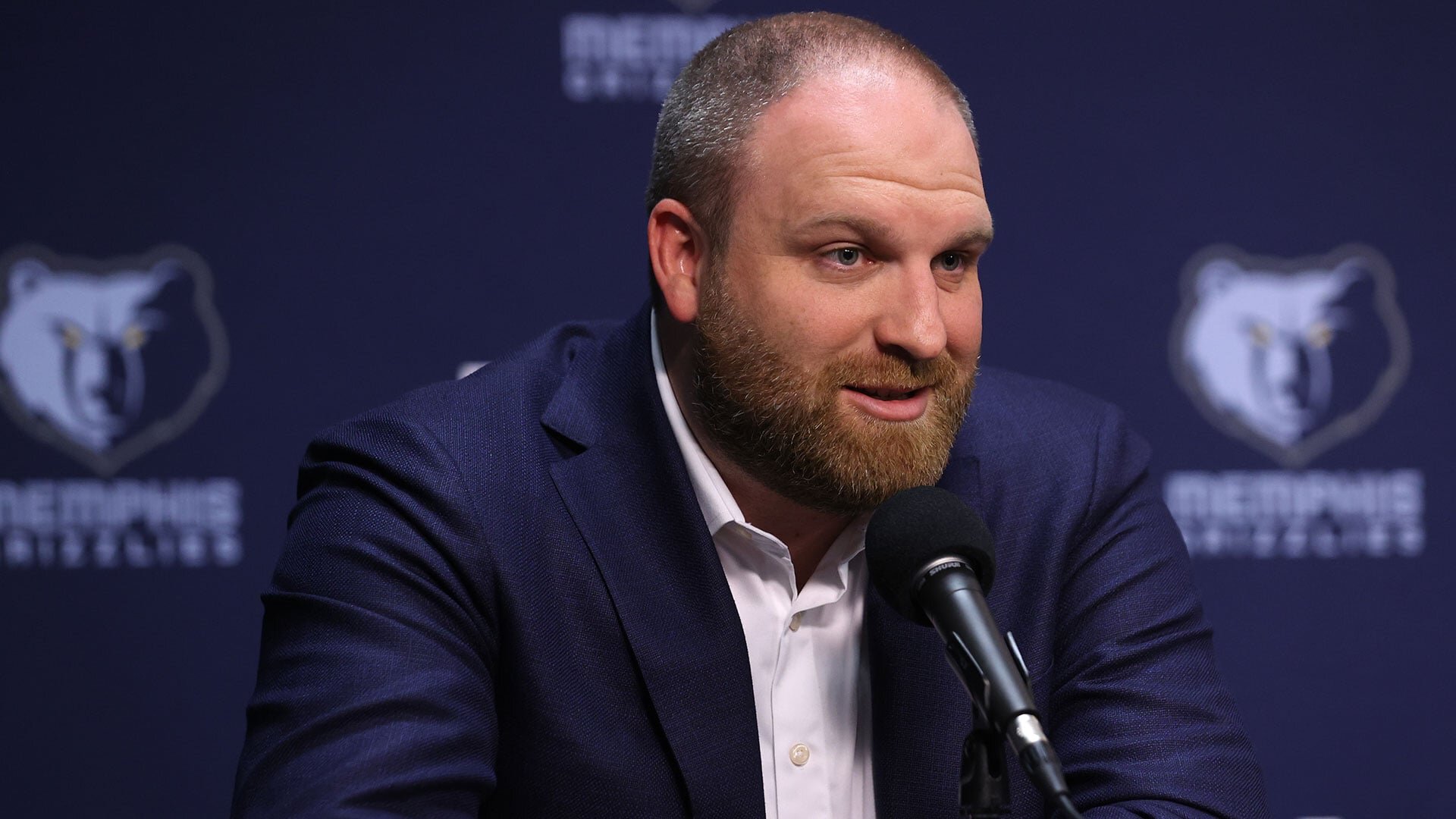 Head Coach Taylor Jenkins of the Memphis Grizzlies talks to the media during the introductory draft press conference on June 24, 2022 at FedExForum in Memphis, Tennessee. Photo by Joe Murphy/NBAE via Getty Images