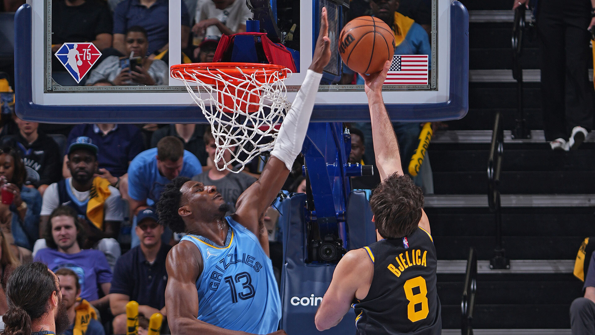 MEMPHIS, TN - May 11: Jaren Jackson Jr. #13 of the Memphis Grizzlies blocks the shot of Nemanja Bjelica #8 of the Golden State Warriors during Game 5 of the 2022 NBA Playoffs Western Conference Semifinals on May 11, 2022 at FedExForum in Memphis, Tennessee. Photo by Garrett Ellwood/NBAE via Getty Images