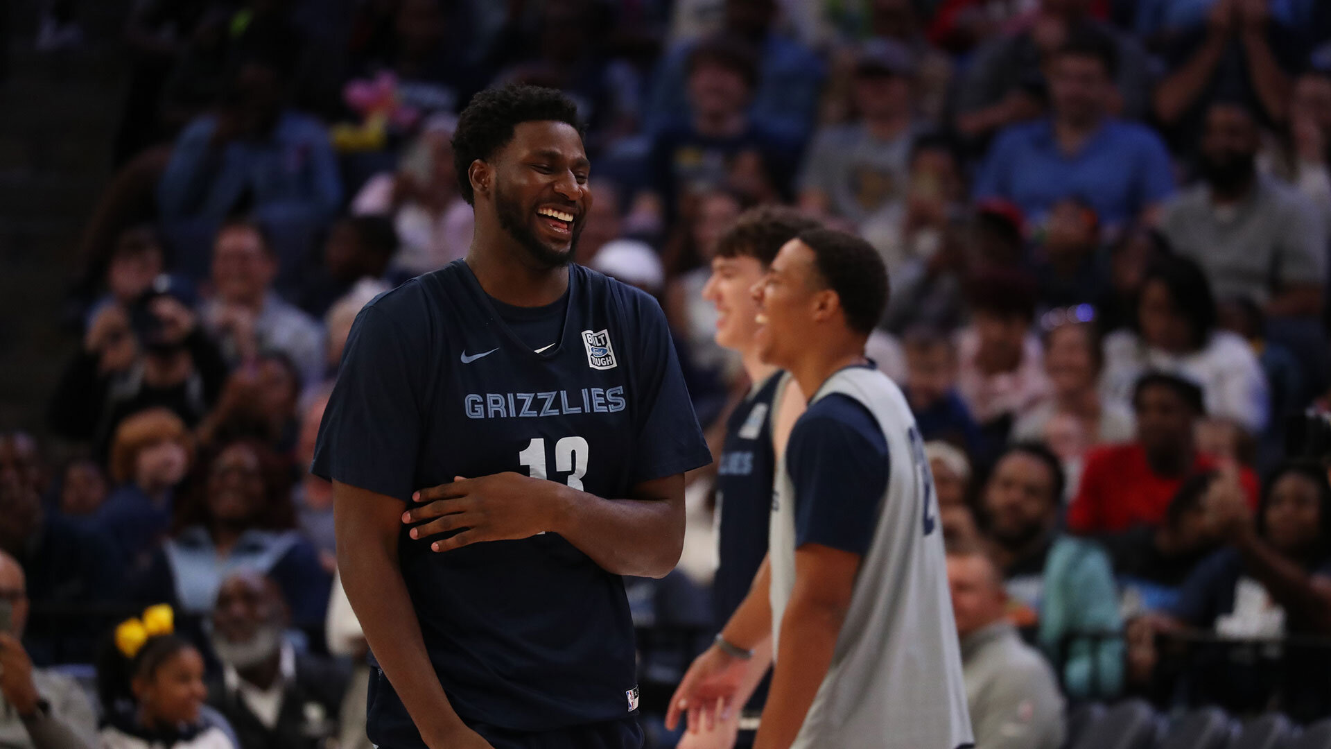 MEMPHIS, TN - OCTOBER 9: Jaren Jackson Jr. #13 of the Memphis Grizzlies smiles during an open practice on October 9, 2022 at FedExForum in Memphis, Tennessee. Photo by Nikki Boertman/NBAE via Getty Images