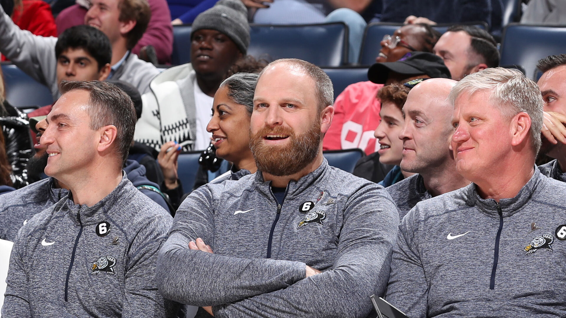 MEMPHIS, TN - DECEMBER 15: Head Coach Taylor Jenkins of the Memphis Grizzlies smiles and looks on during the game against the Milwaukee Bucks on December 15, 2022 at FedExForum in Memphis, Tennessee.