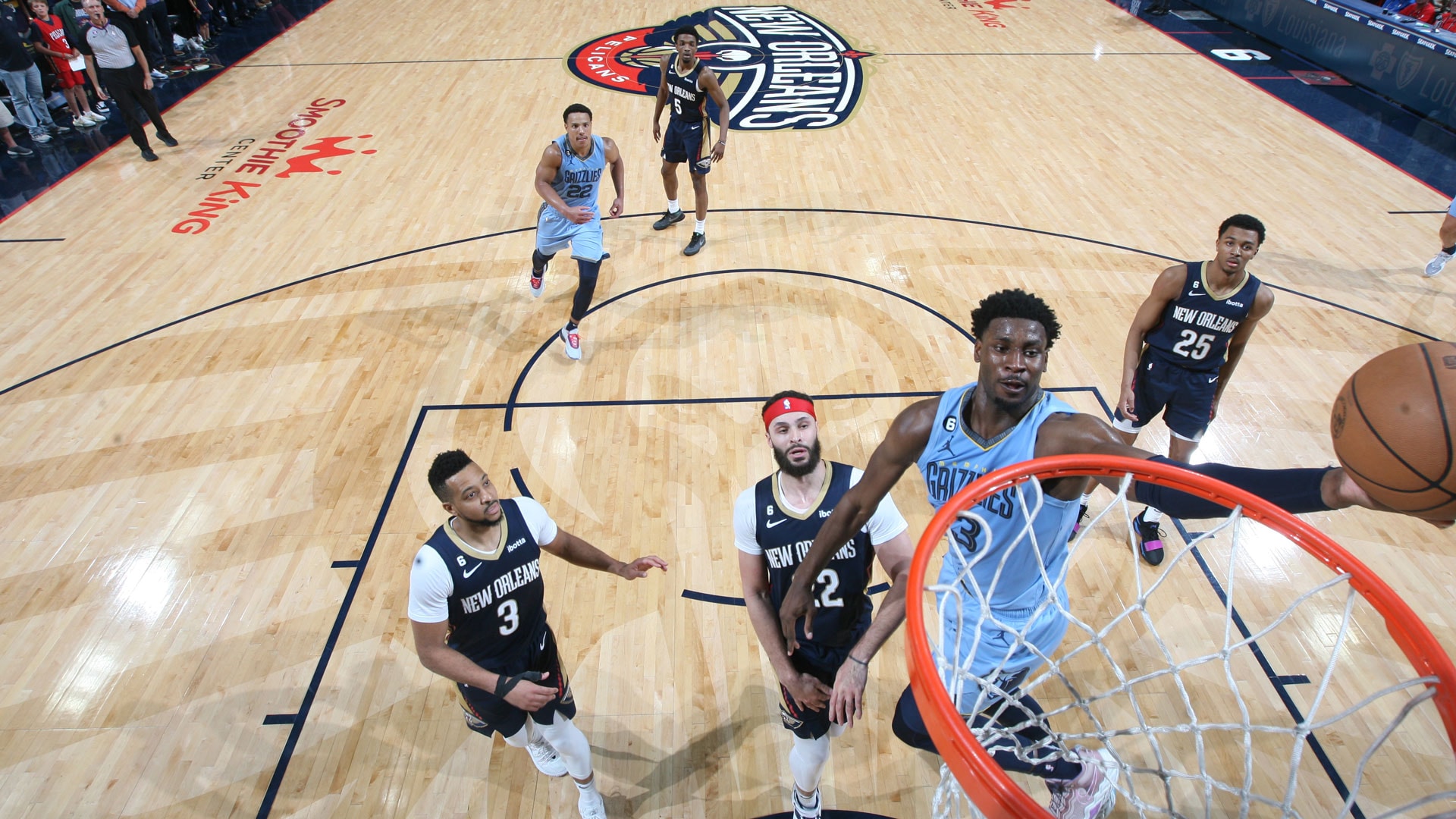NEW ORLEANS, LA - APRIL 5: Jaren Jackson Jr. #13 of the Memphis Grizzlies goes to the basket during the game on April 5, 2023 at the Smoothie King Center in New Orleans, Louisiana.