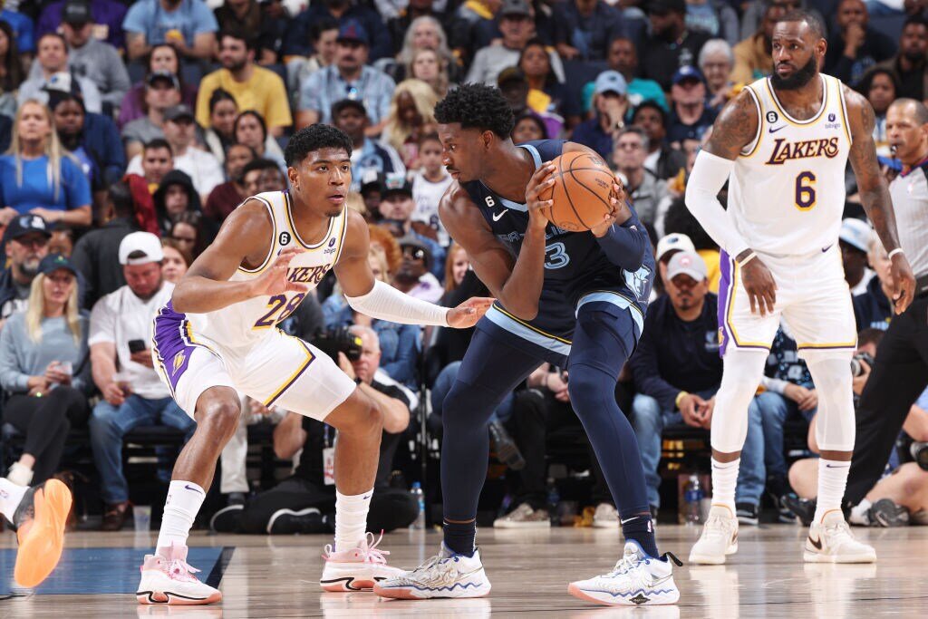 MEMPHIS, TN - APRIL 16: Jaren Jackson Jr. #13 of the Memphis Grizzlies looks to pass the ball during Round 1 Game 1 of the NBA Playoffs against the Los Angeles Lakers on April 16, 2023 at FedExForum in Memphis, Tennessee. NOTE TO USER: User expressly acknowledges and agrees that, by downloading and or using this photograph, User is consenting to the terms and conditions of the Getty Images License Agreement. Mandatory Copyright Notice: Copyright 2023 NBAE (Photo by Joe Murphy/NBAE via Getty Images)