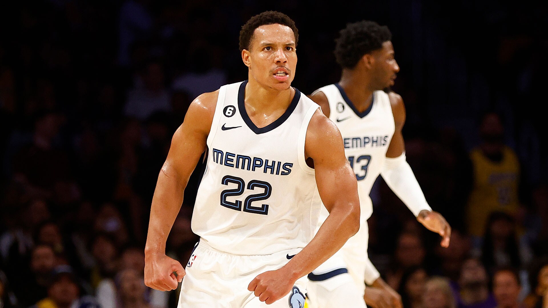 LOS ANGELES, CALIFORNIA - APRIL 24: Desmond Bane #22 of the Memphis Grizzlies reacts after a three-point shot against the Los Angeles Lakers in the first half of Game Four of the Western Conference First Round Playoffs at Crypto.com Arena on April 24, 2023 in Los Angeles, California.