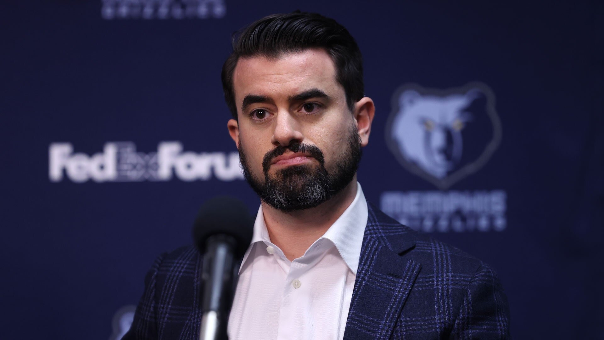 MEMPHIS, TN - June 24: Zach Kleiman, General Manager and Executive Vice President of Basketball Operation of the Memphis Grizzlies talks to the media during the introductory draft press conference on June 24, 2022 at FedExForum in Memphis, Tennessee.