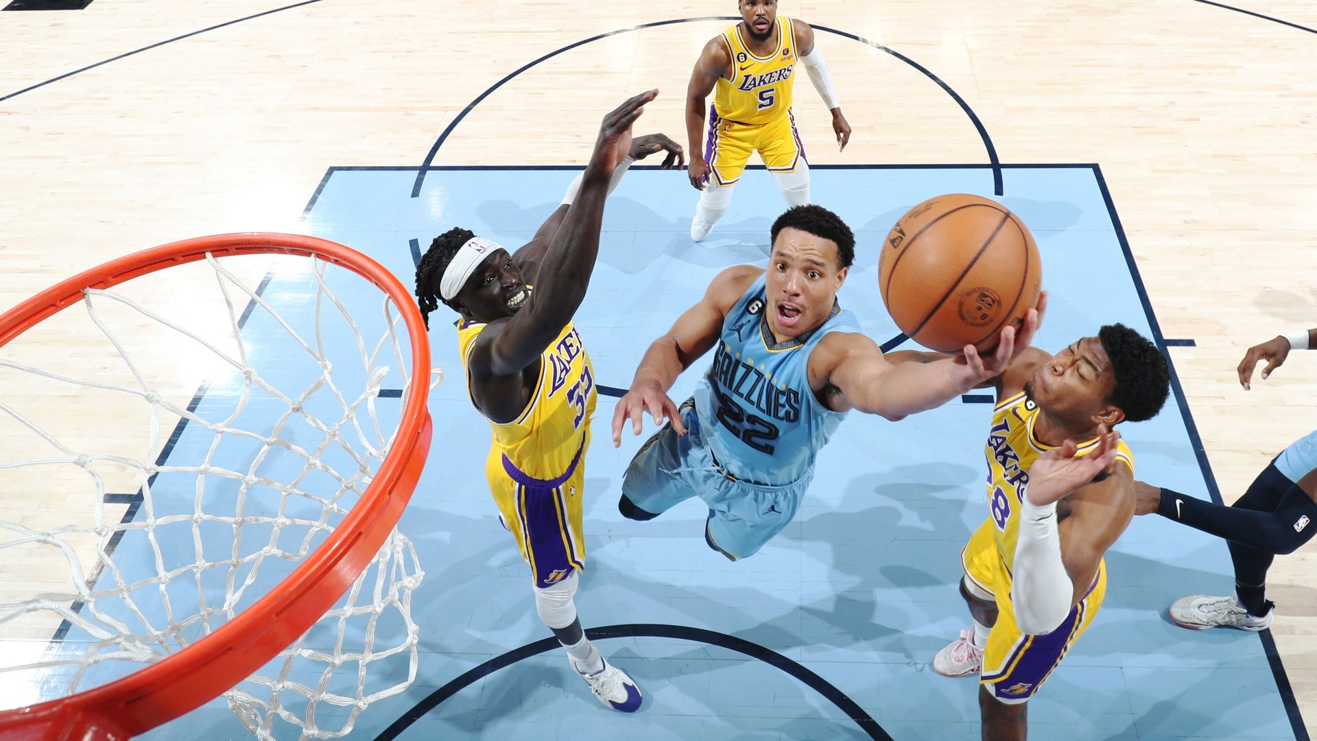 MEMPHIS, TN - APRIL 26: Desmond Bane #22 of the Memphis Grizzlies drives to the basket during Round 1 Game 5 of the 2023 NBA Playoffs against the Los Angeles Lakers on April 26, 2023 at FedExForum in Memphis, Tennessee.