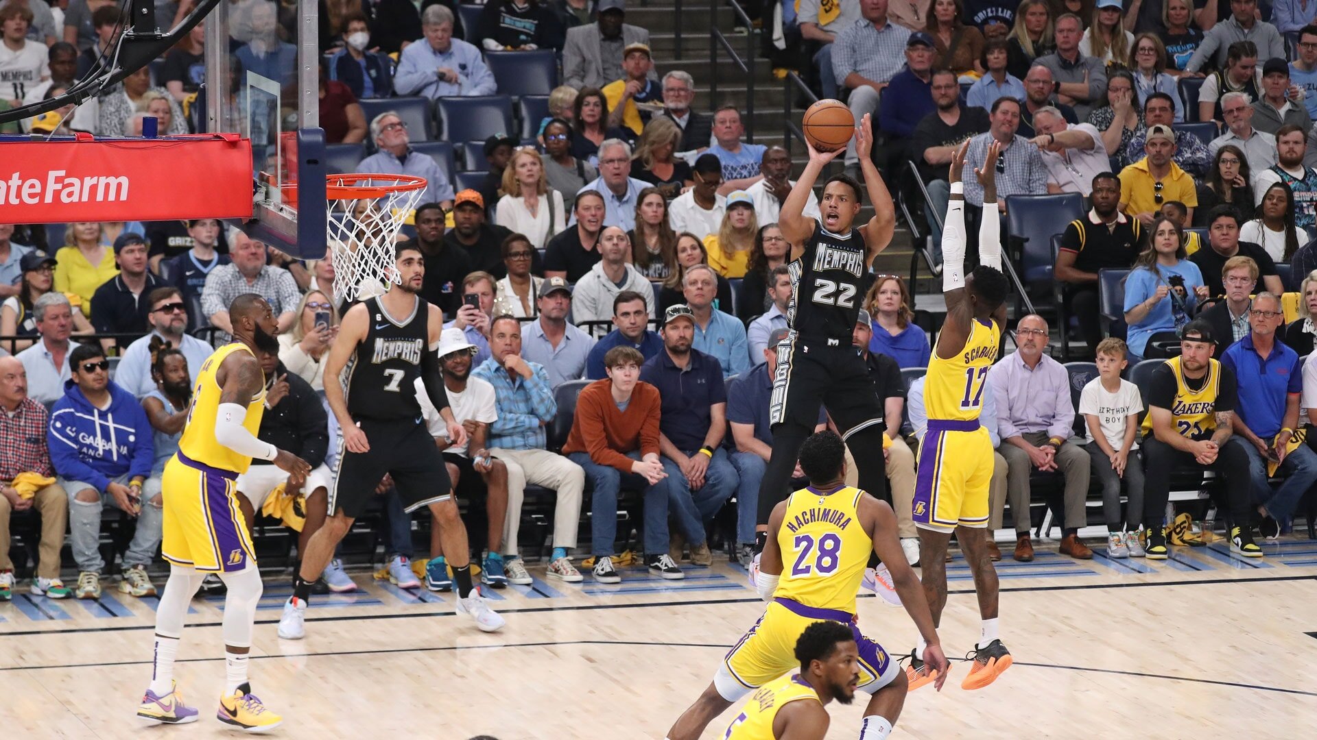 MEMPHIS, TN - APRIL 19: Desmond Bane #22 of the Memphis Grizzlies shoots a three point basket during Round One Game Two of the 2023 NBA Playoffs against the Los Angeles Lakers on April 19, 2023 at FedExForum in Memphis, Tennessee.