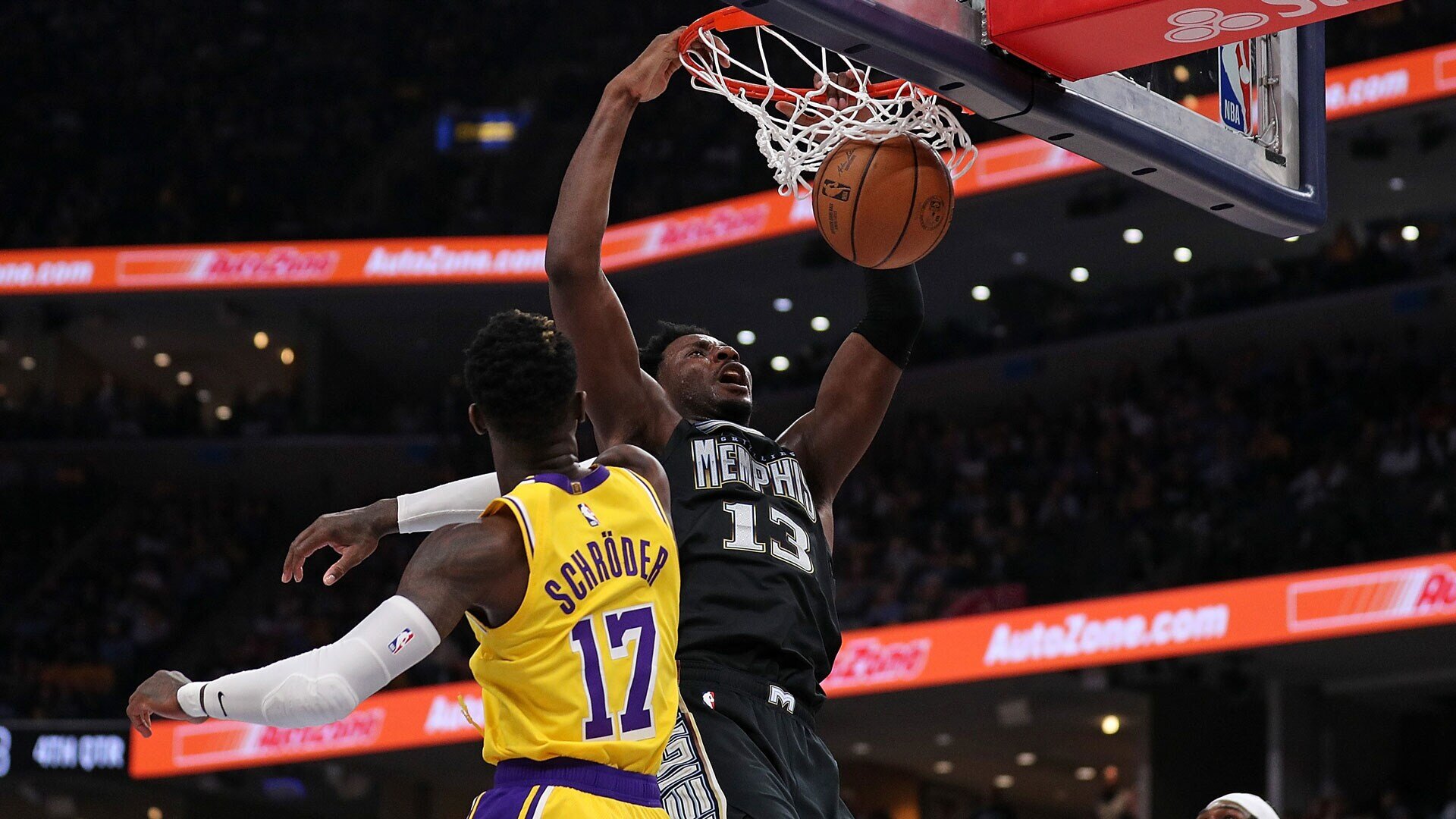 MEMPHIS, TENNESSEE - APRIL 19: Jaren Jackson Jr. #13 of the Memphis Grizzlies dunks during the second half against the Los Angeles Lakers during Game Two of the Western Conference First Round Playoffs at FedExForum on April 16, 2023 in Memphis, Tennessee.