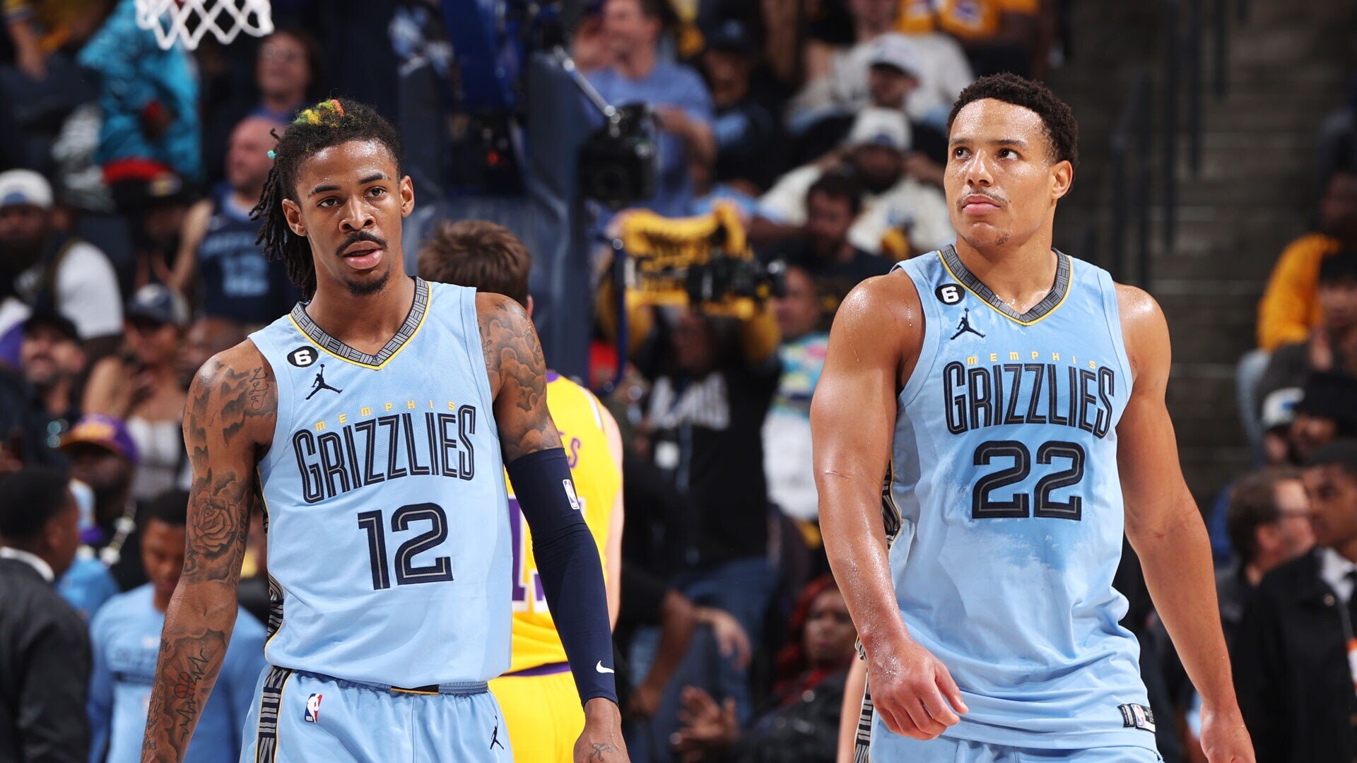 MEMPHIS, TN - APRIL 26: Members of the Memphis Grizzlies look on during Round 1 Game 5 of the 2023 NBA Playoffs against the Los Angeles Lakers on April 26, 2023 at FedExForum in Memphis, Tennessee.