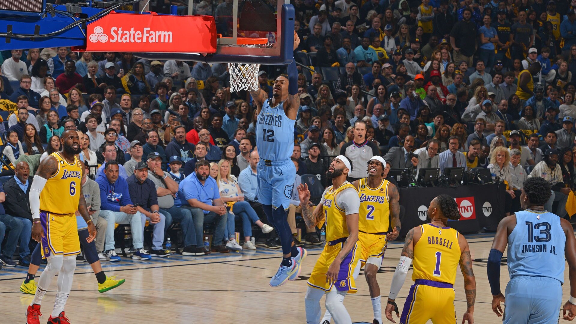 MEMPHIS, TN - APRIL 26: Ja Morant #12 of the Memphis Grizzlies goes to the basket against the Los Angeles Lakers during Round 1 Game 5 of the 2023 NBA Playoffs on April 26, 2023 at FedExForum in Memphis, Tennessee.