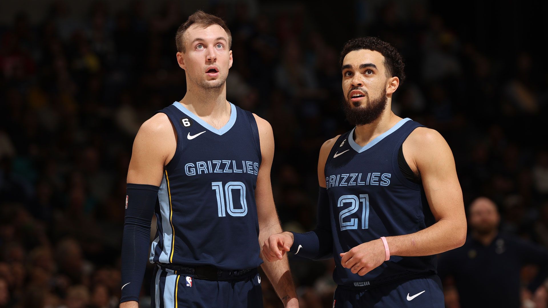 MEMPHIS, TN - MARCH 22: Luke Kennard #10 and Tyus Jones #21 of the Memphis Grizzlies looks on during the game on March 22, 2023 at FedExForum in Memphis, Tennessee.