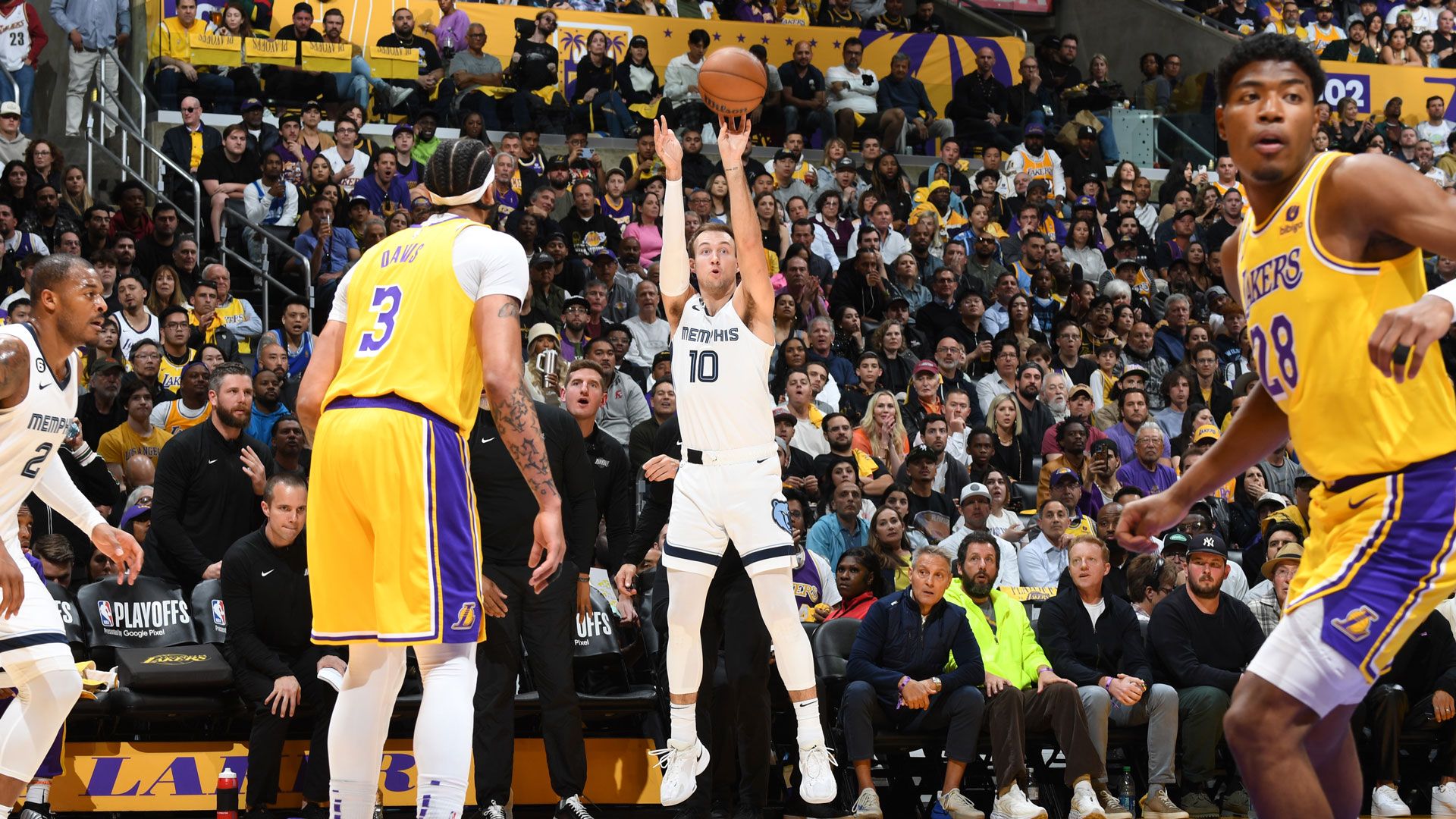 LOS ANGELES, CA - APRIL 24: Luke Kennard #10 of the Memphis Grizzlies shoots a three point basket during Round One Game Four of the 2023 NBA Playoffs against the Los Angeles Lakers on April 24, 2023 at Crypto.Com Arena in Los Angeles, California.