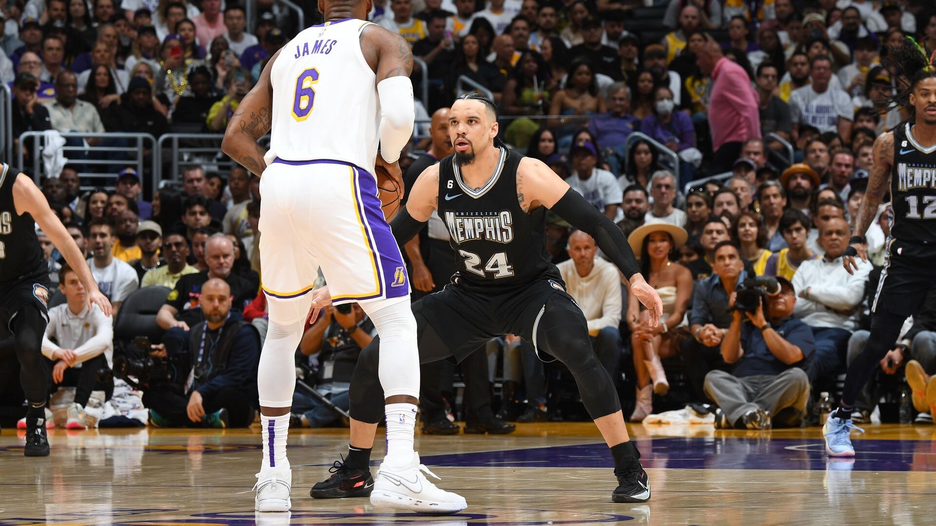 LOS ANGELES, CA - APRIL 22: Dillon Brooks #24 of the Memphis Grizzlies plays defense during Round 1 Game 3 of the 2023 NBA Playoffs against the Los Angeles Lakers on APRIL 22, 2023 at Crypto.Com Arena in Los Angeles, California.